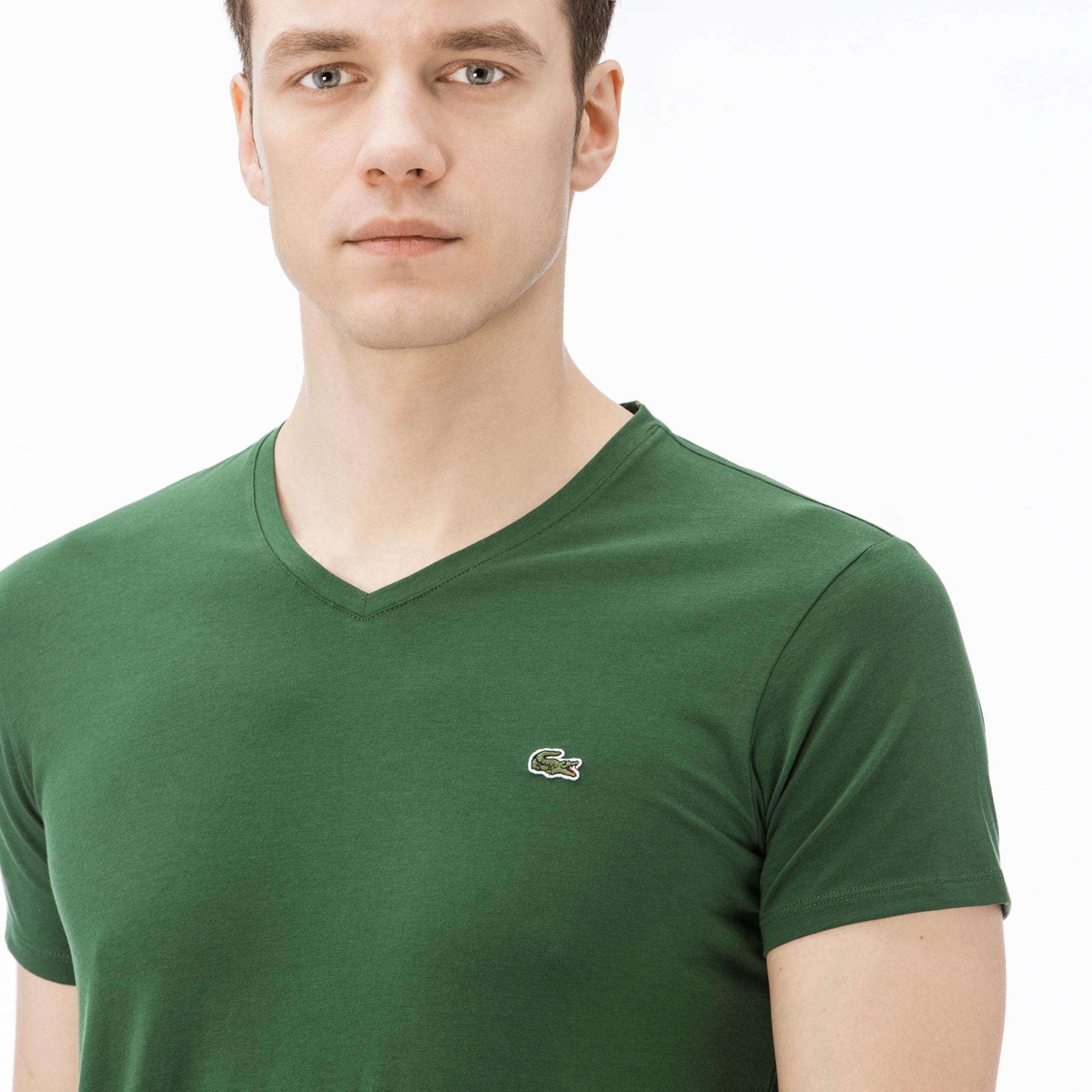 Lacoste Erkek Slim Fit V Yaka Yeşil T-Shirt. 4