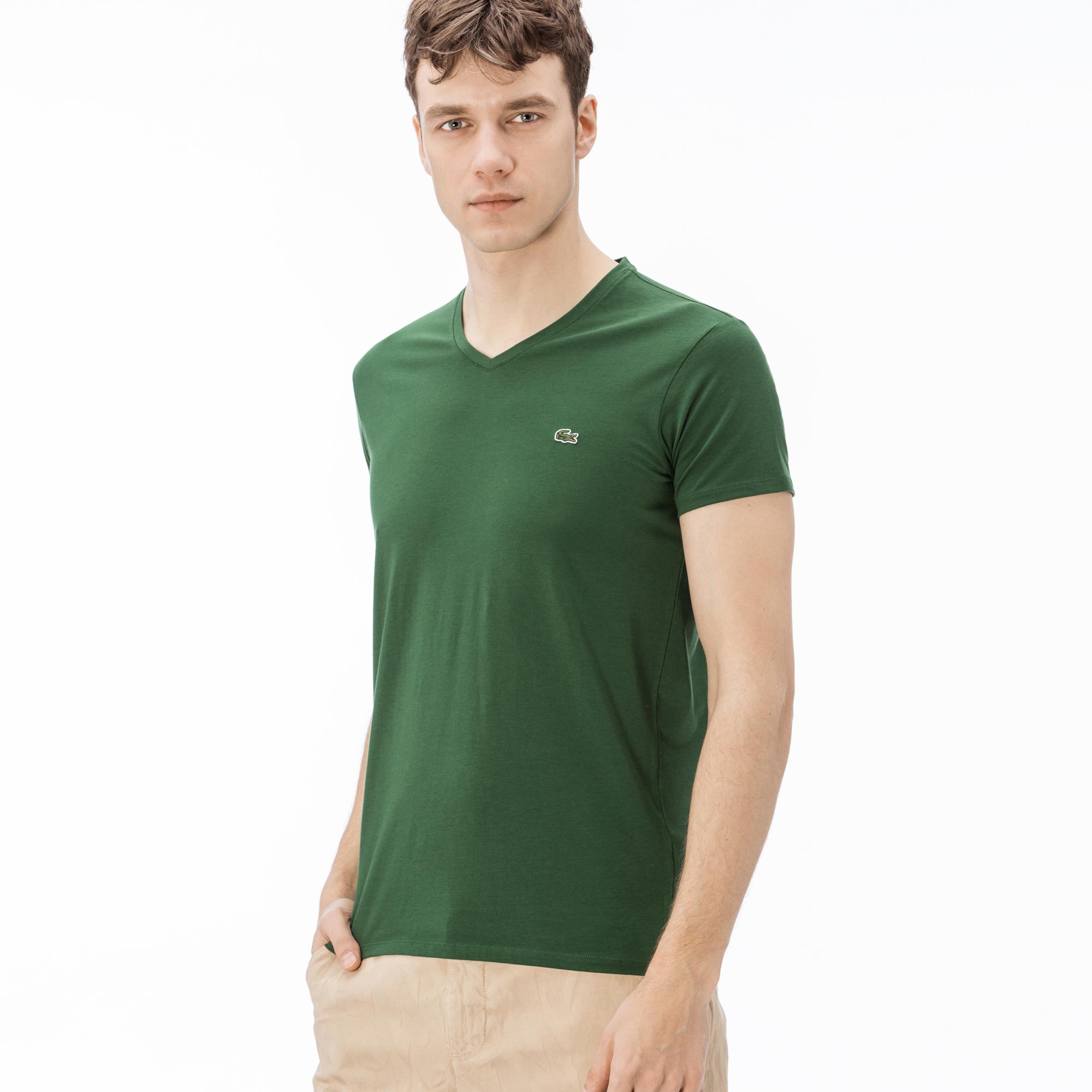 Lacoste Erkek Slim Fit V Yaka Yeşil T-Shirt. 5