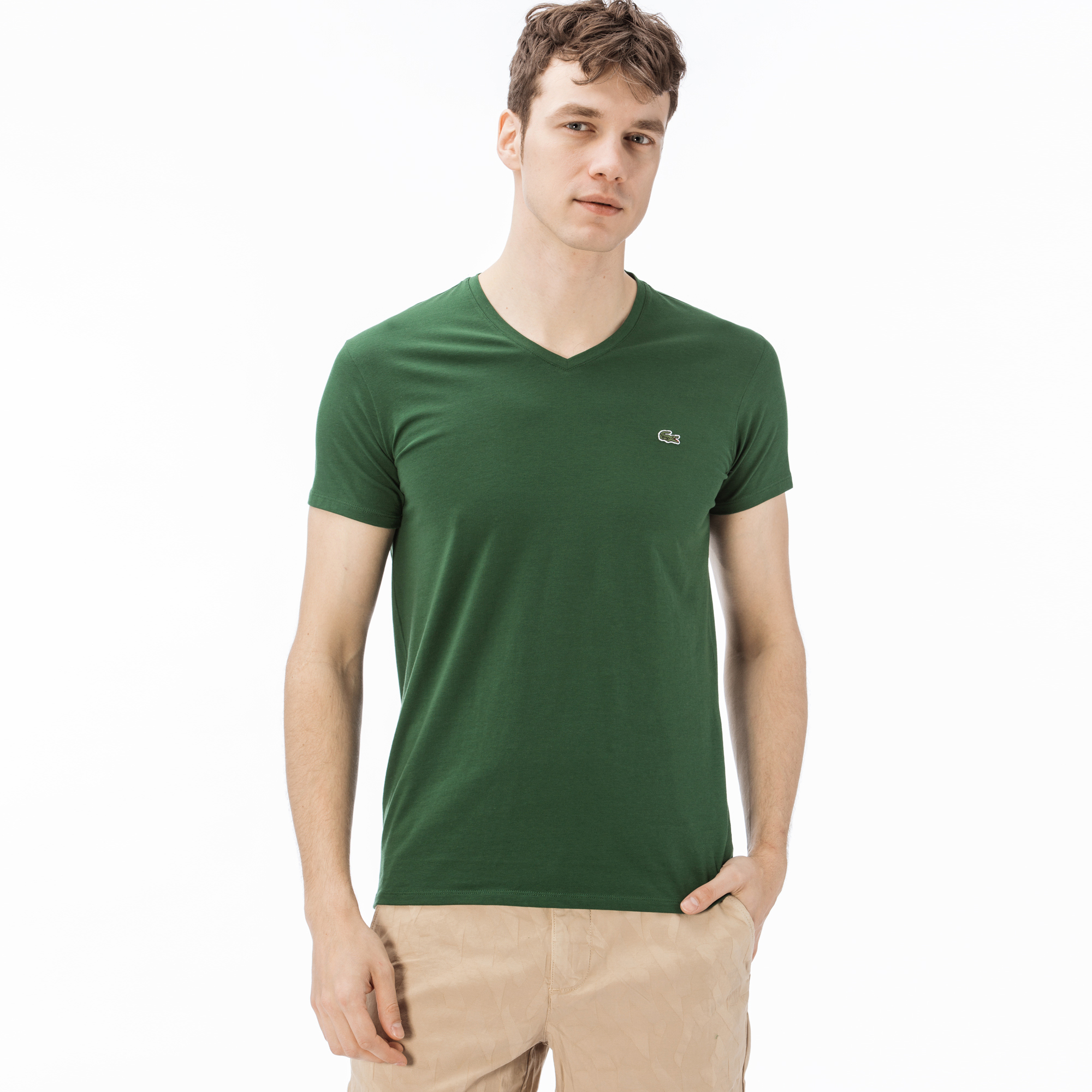 Lacoste Erkek Slim Fit V Yaka Yeşil T-Shirt. 3