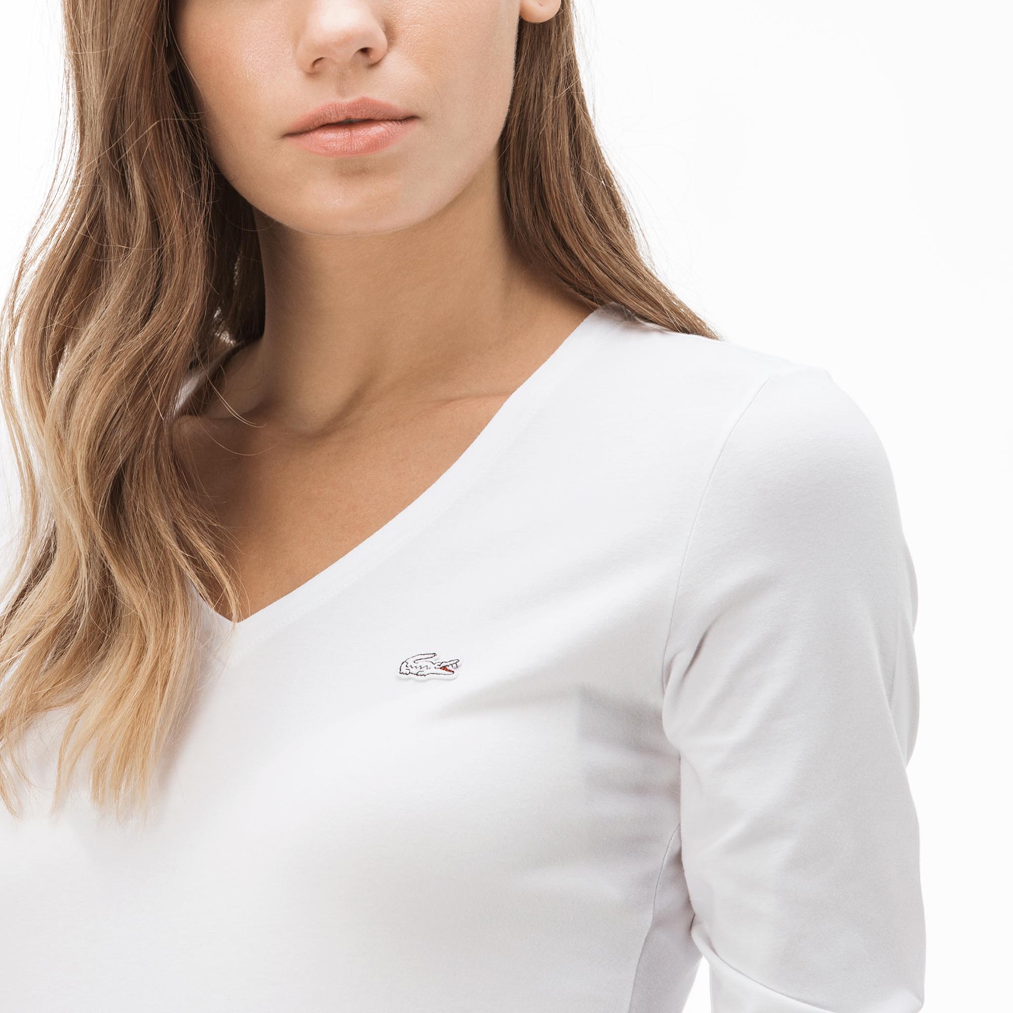 Lacoste Kadın V Yaka Uzun Kollu Beyaz T-Shirt. 5