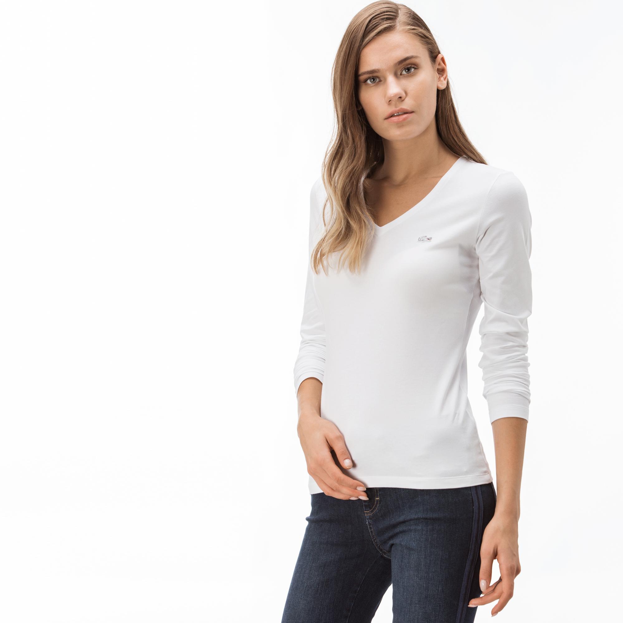 Lacoste Kadın V Yaka Uzun Kollu Beyaz T-Shirt. 4