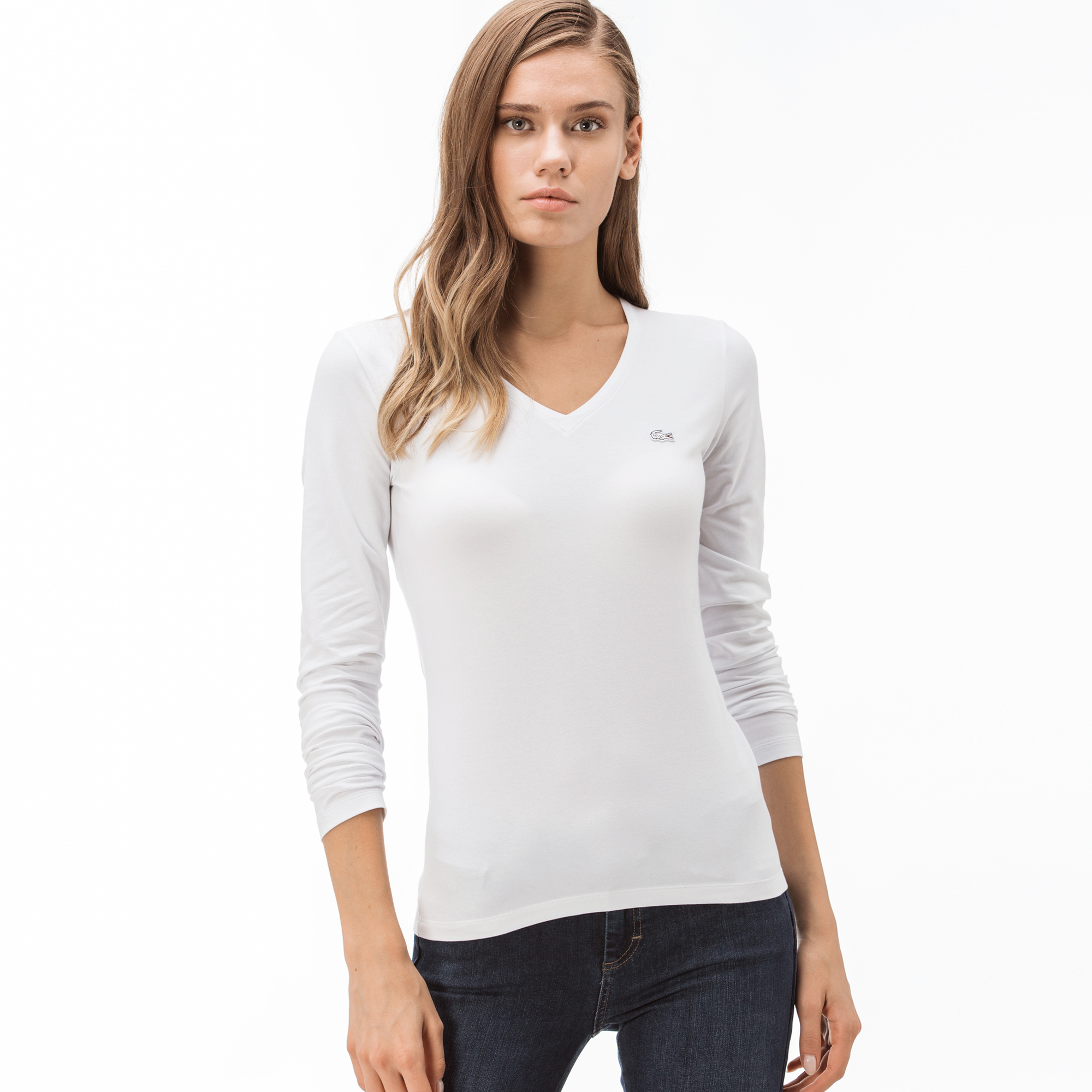 Lacoste Kadın V Yaka Uzun Kollu Beyaz T-Shirt. 1