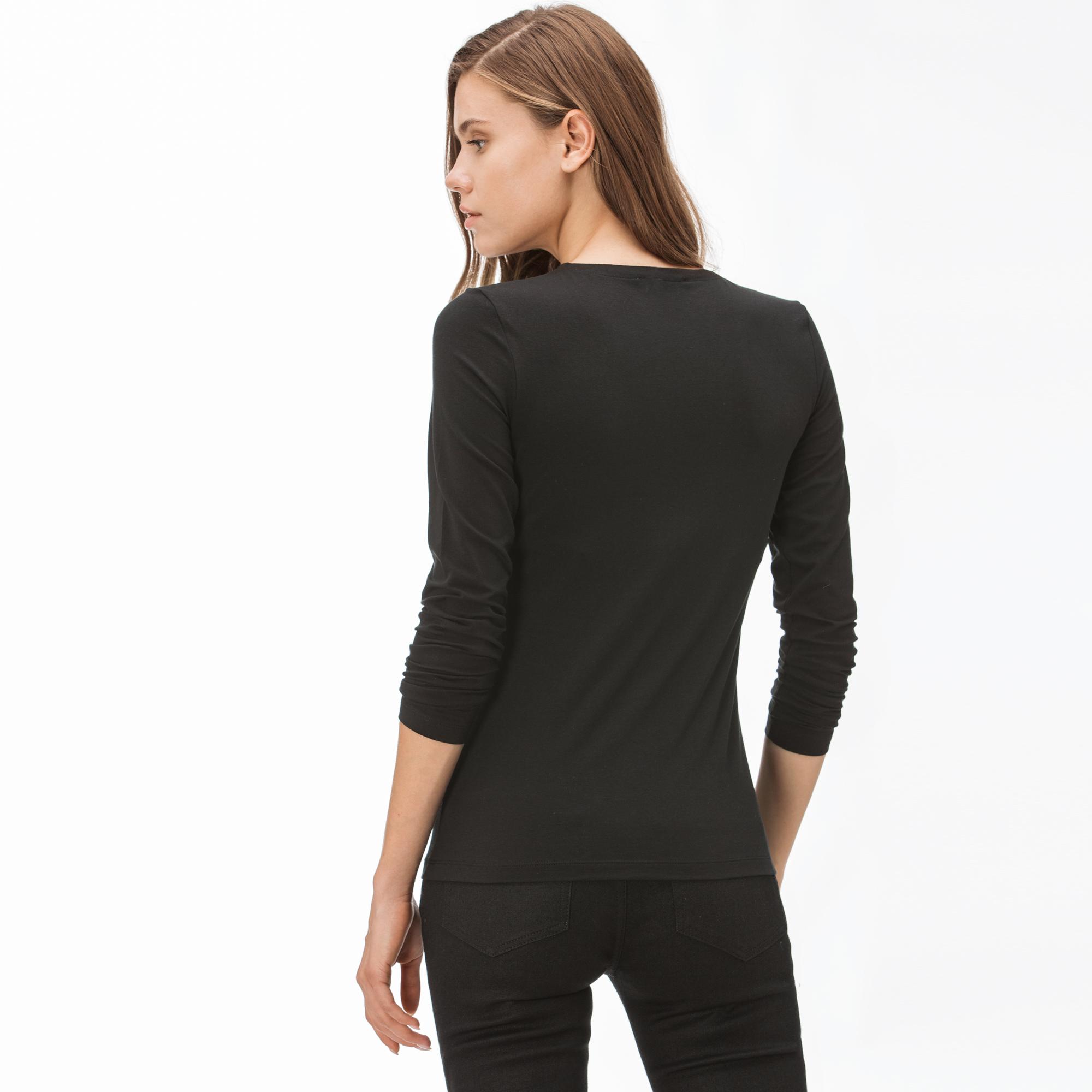 Lacoste Kadın V Yaka Siyah Uzun Kollu T-Shirt. 3