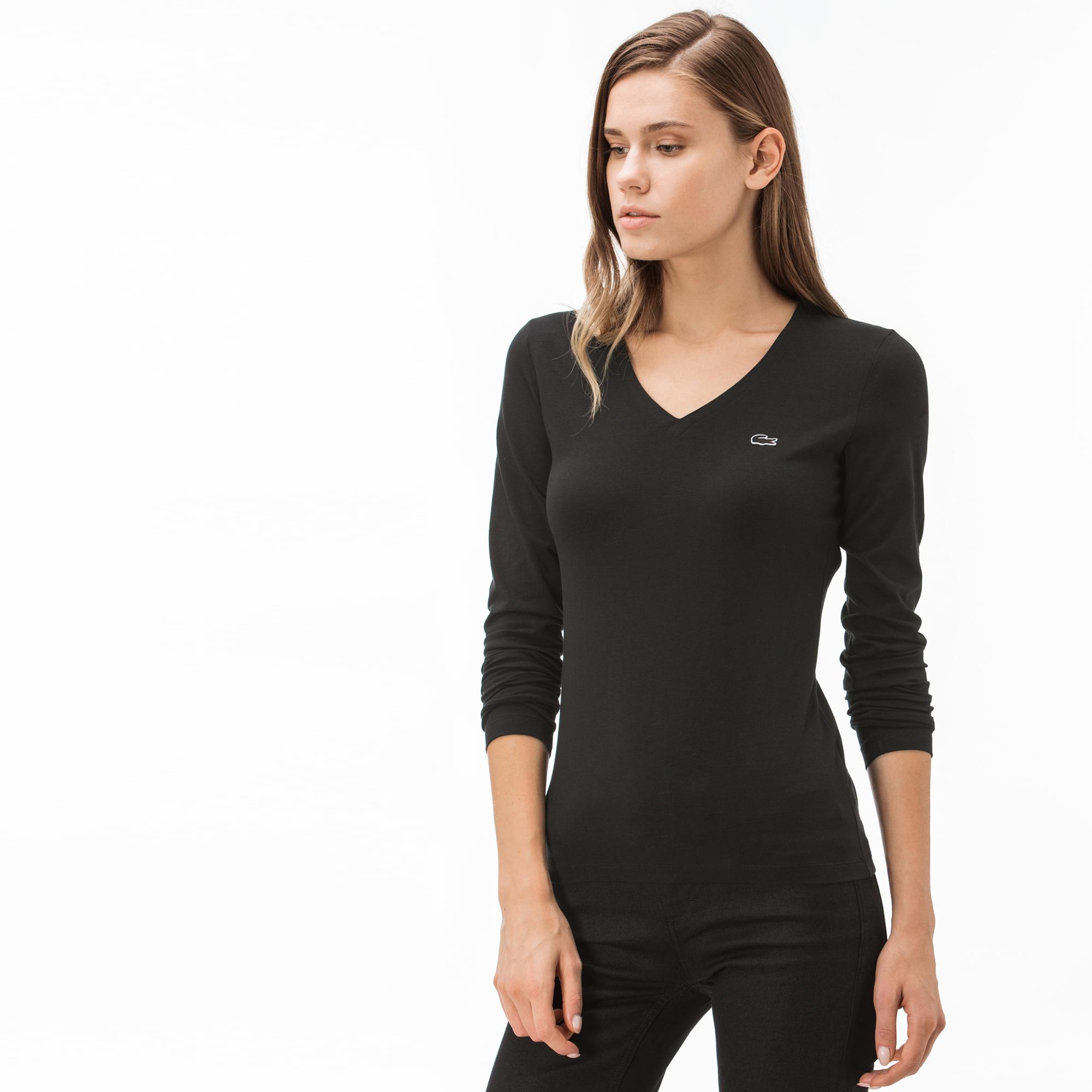 Lacoste Kadın V Yaka Siyah Uzun Kollu T-Shirt. 5