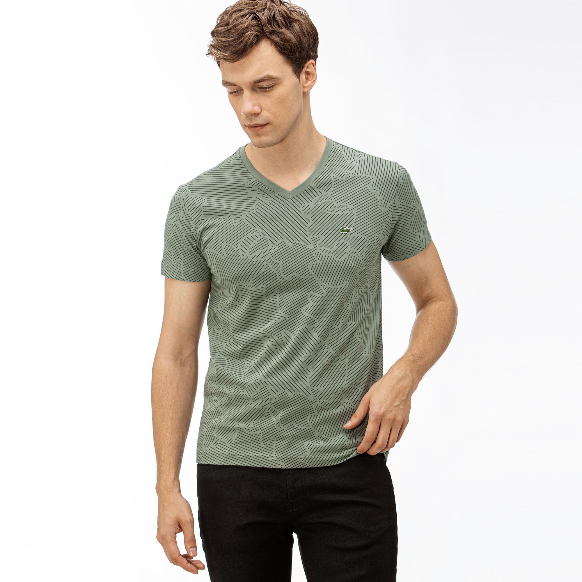 Lacoste Lacoste Erkek Desenli V Yaka  Yeşil T-Shirt. 1