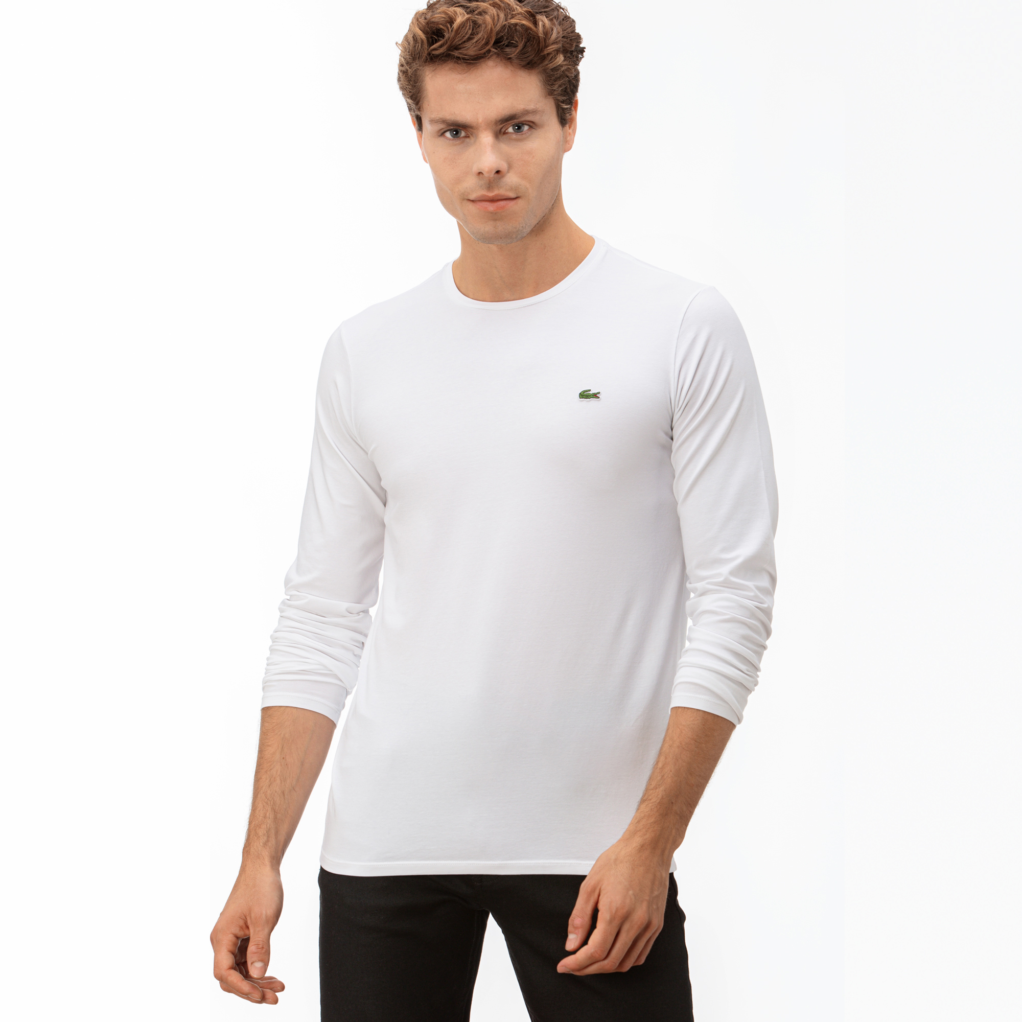 Lacoste Erkek Slim Fit Uzun Kollu Bisiklet Yaka Beyaz T-Shirt. 1