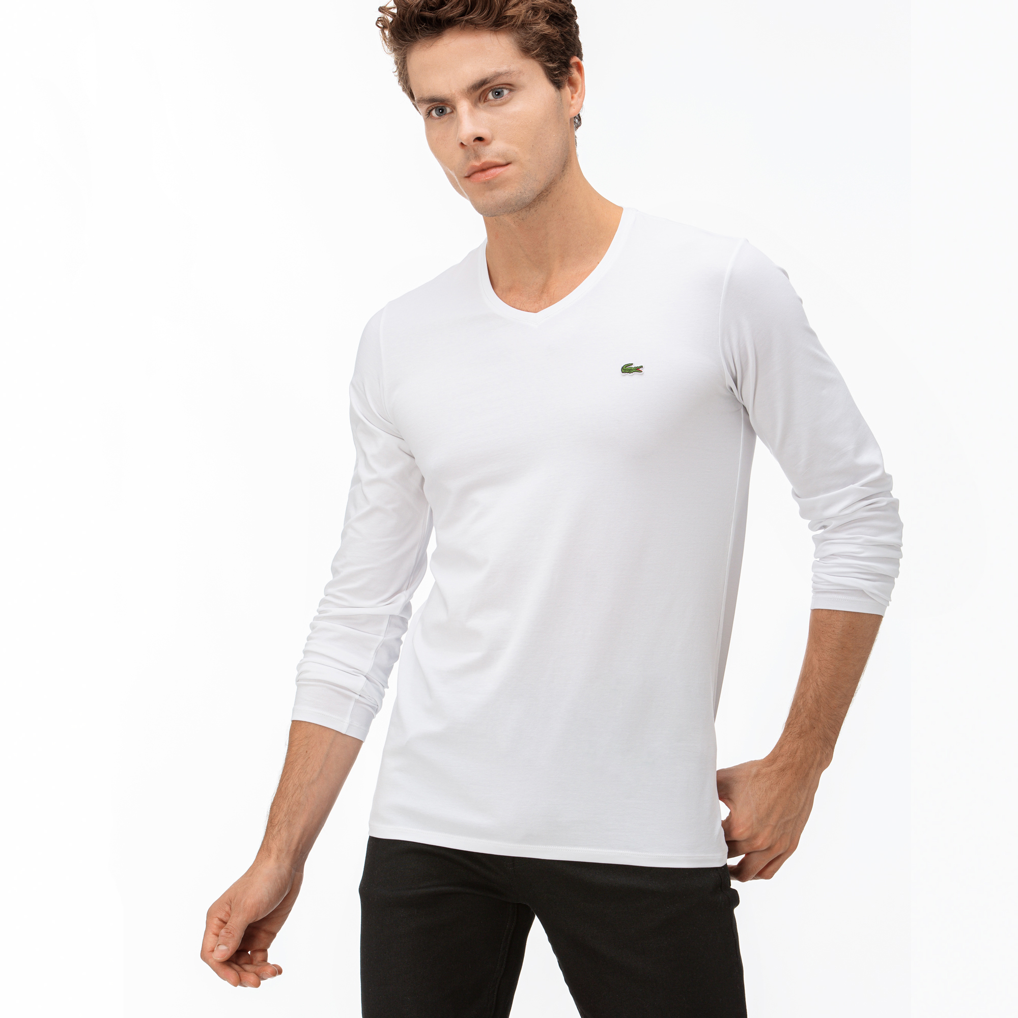 Lacoste Erkek Regular Fit Uzun Kollu V Yaka Beyaz T-Shirt. 1