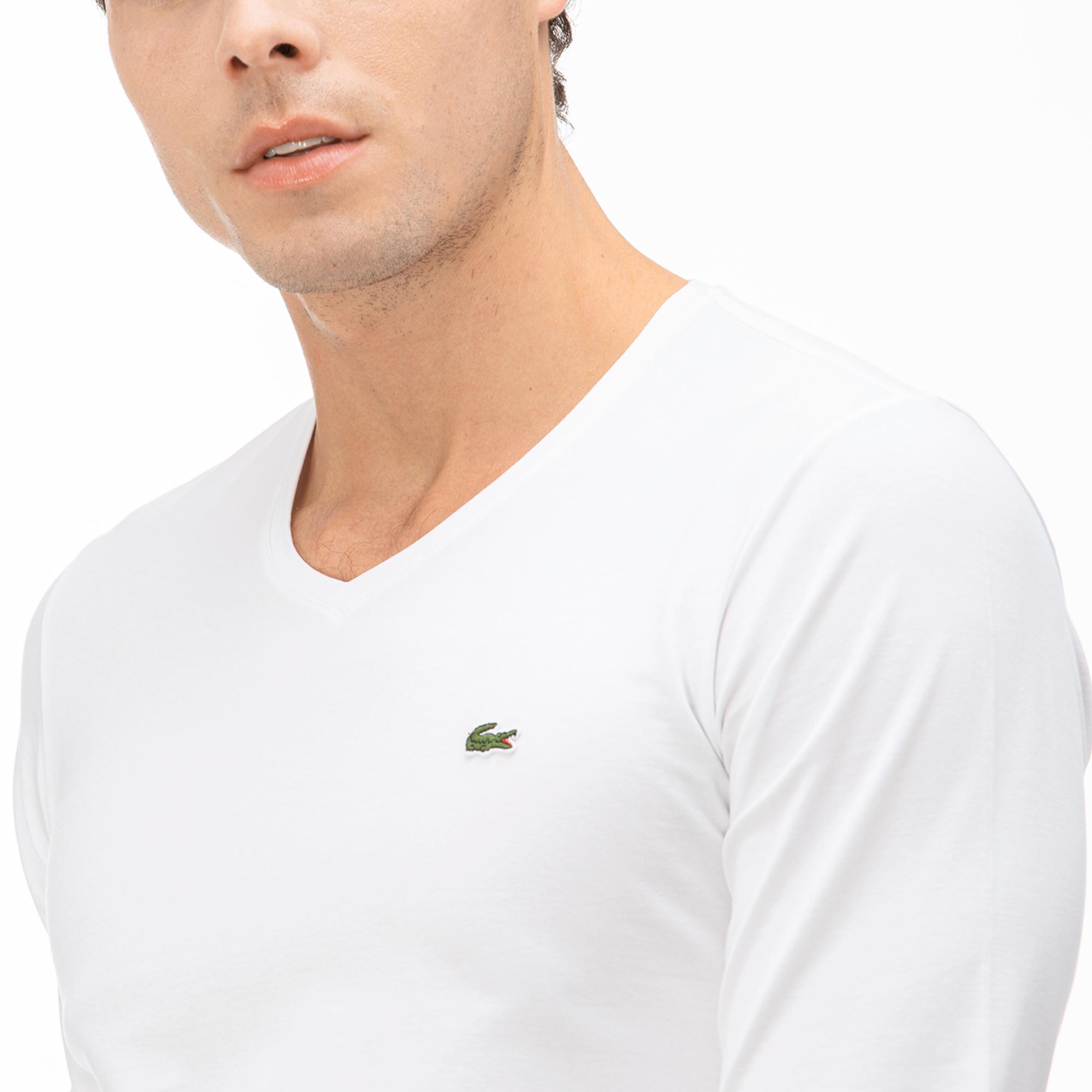 Lacoste Lacoste Erkek V Yaka Uzun Kollu Beyaz T-Shirt. 2