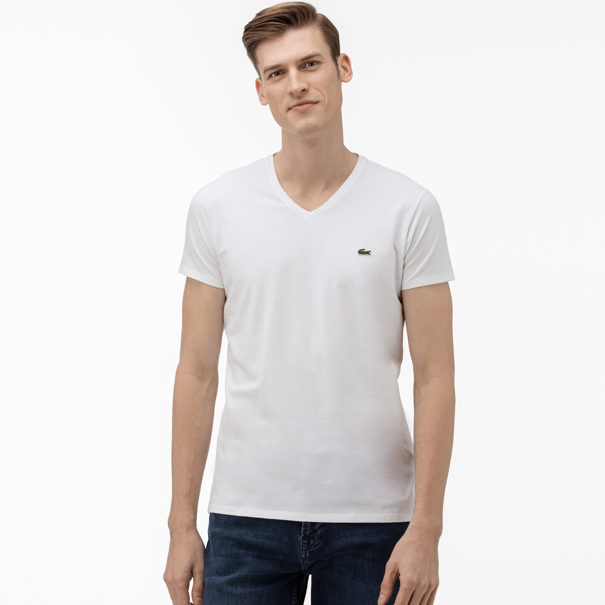 Lacoste Erkek V Yaka Beyaz T-Shirt. 1