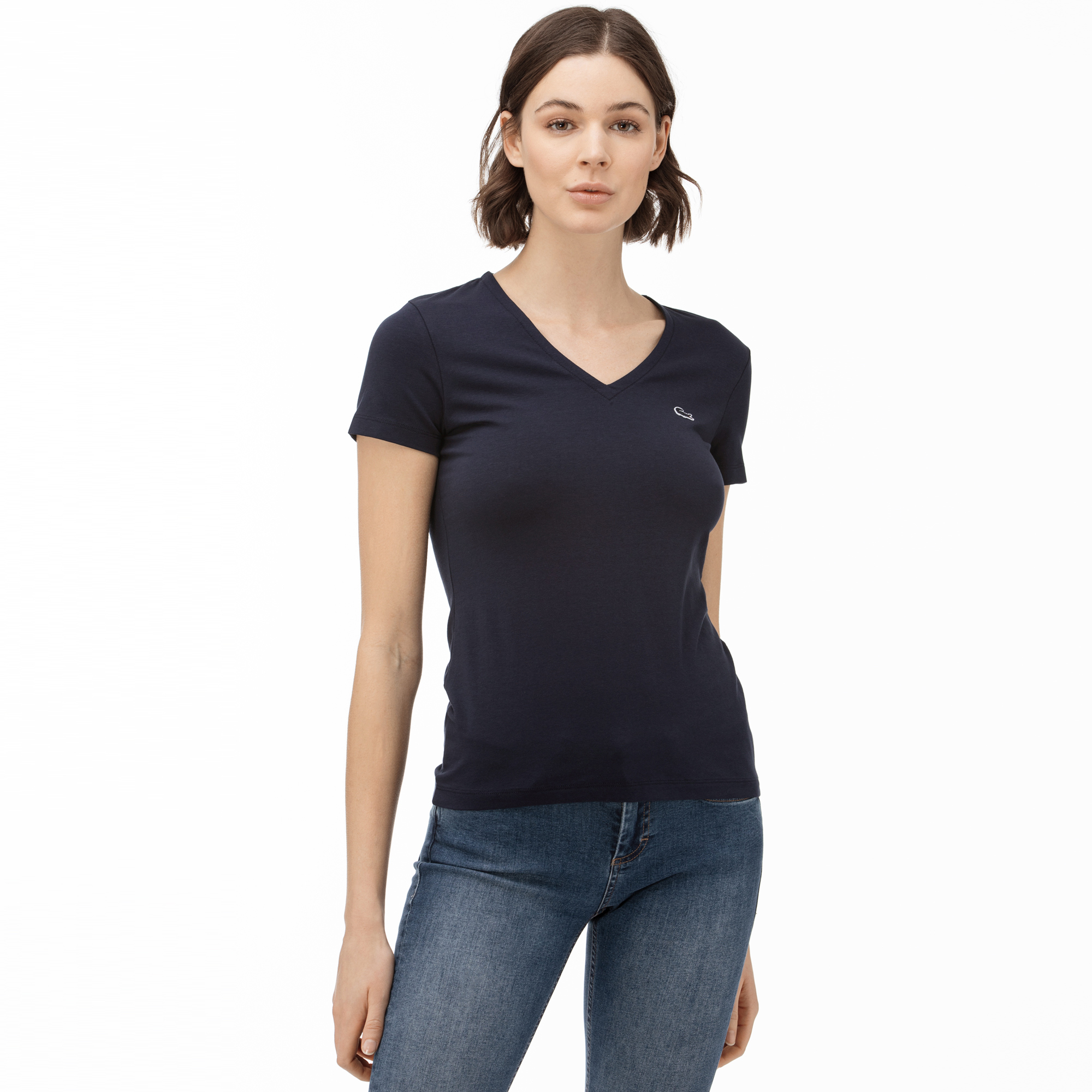 Lacoste Kadın Slim Fit V Yaka Lacivert T-Shirt. 3