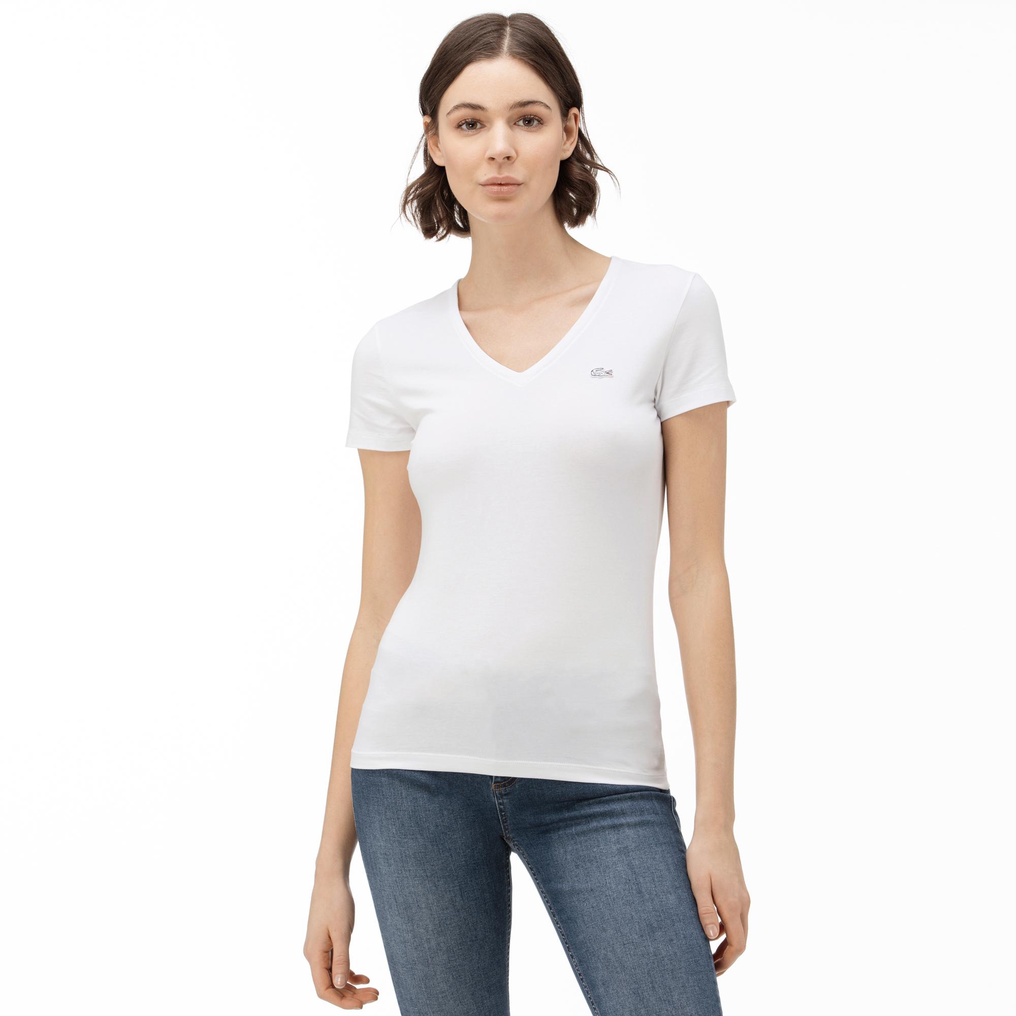 Lacoste Kadın Slim Fit V Yaka Beyaz T-Shirt. 2