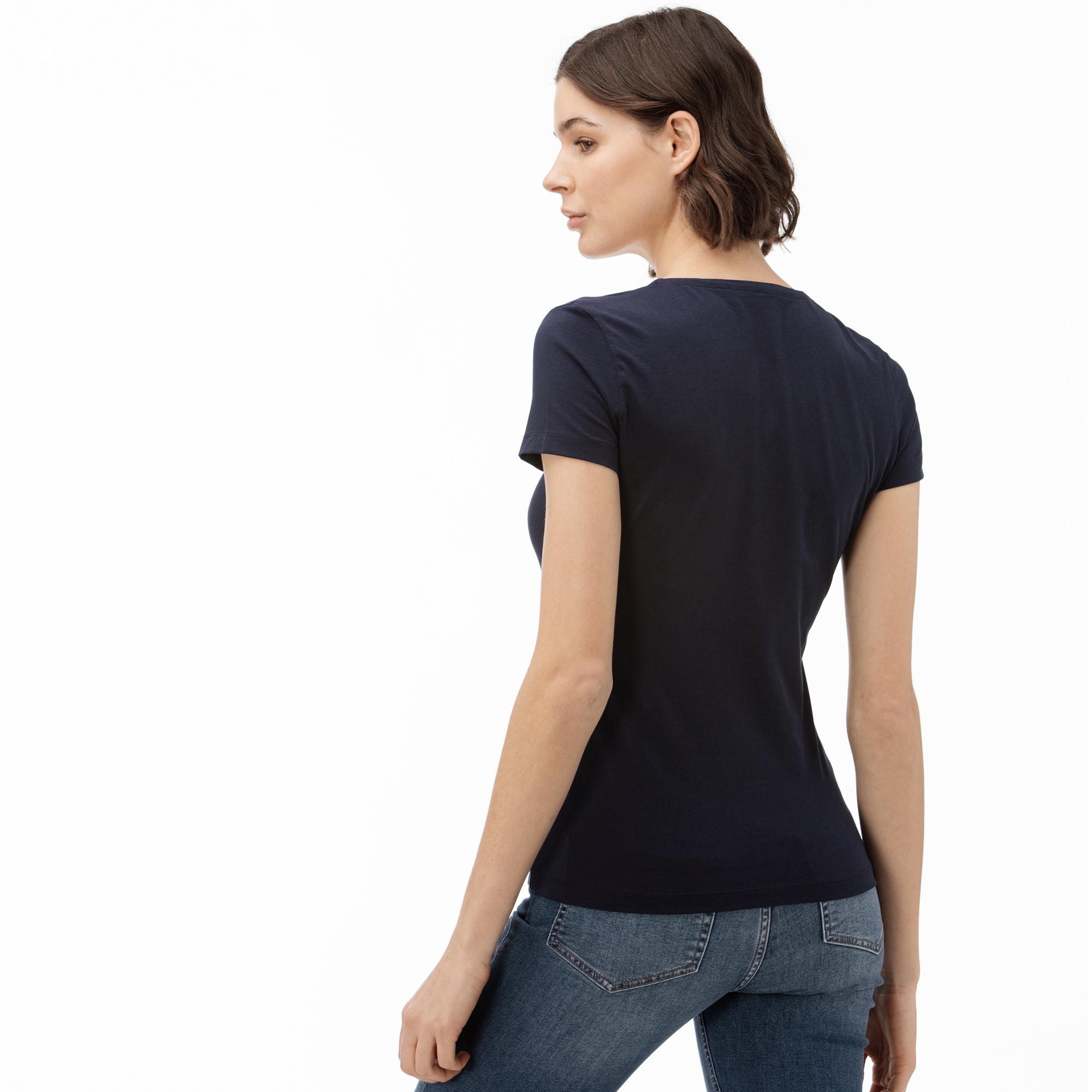 Lacoste Kadın Slim Fit V Yaka Lacivert T-Shirt. 1