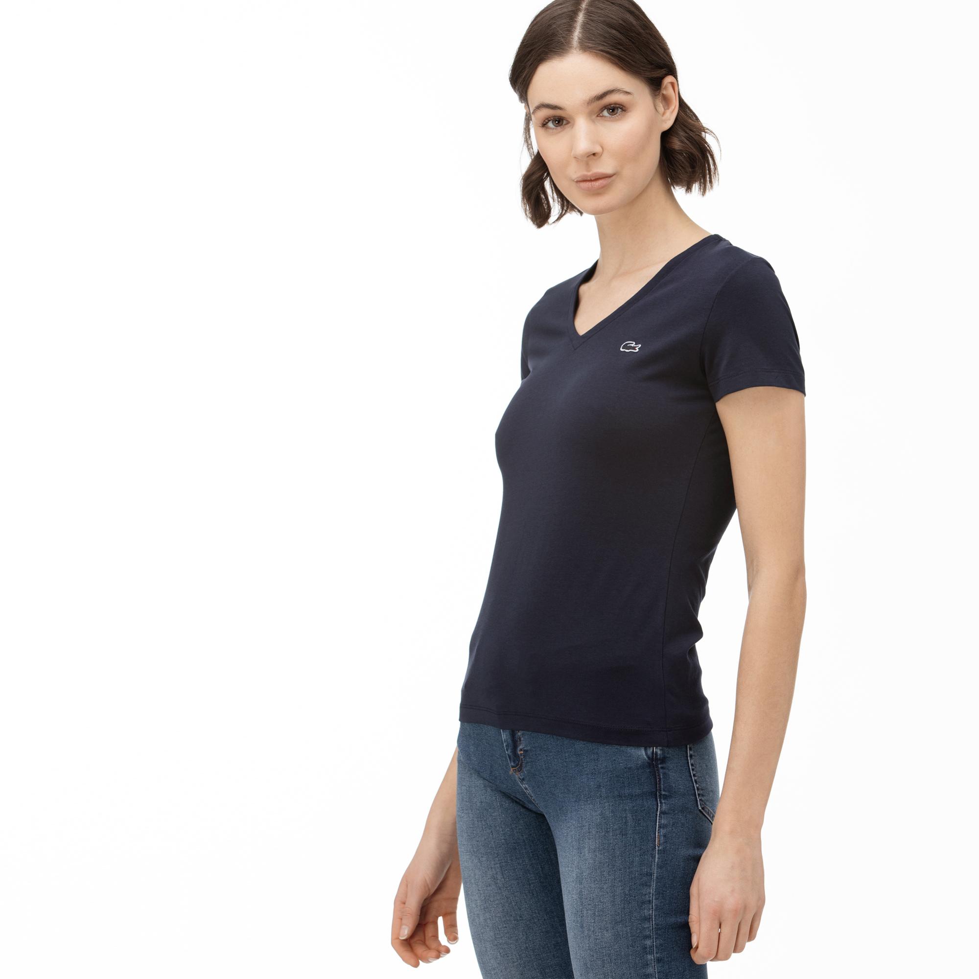 Lacoste Kadın Slim Fit V Yaka Lacivert T-Shirt. 5
