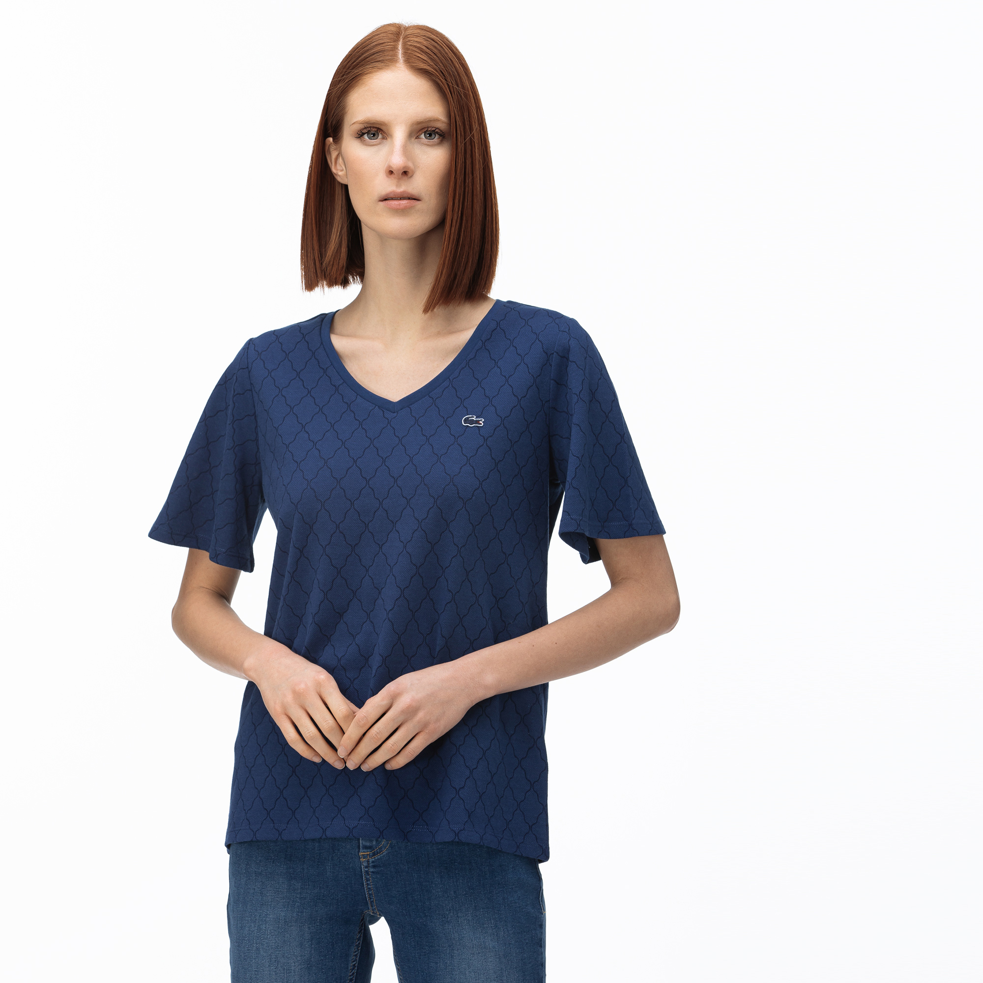 Lacoste Kadın V Yaka Desenli Saks Mavi T-Shirt. 1