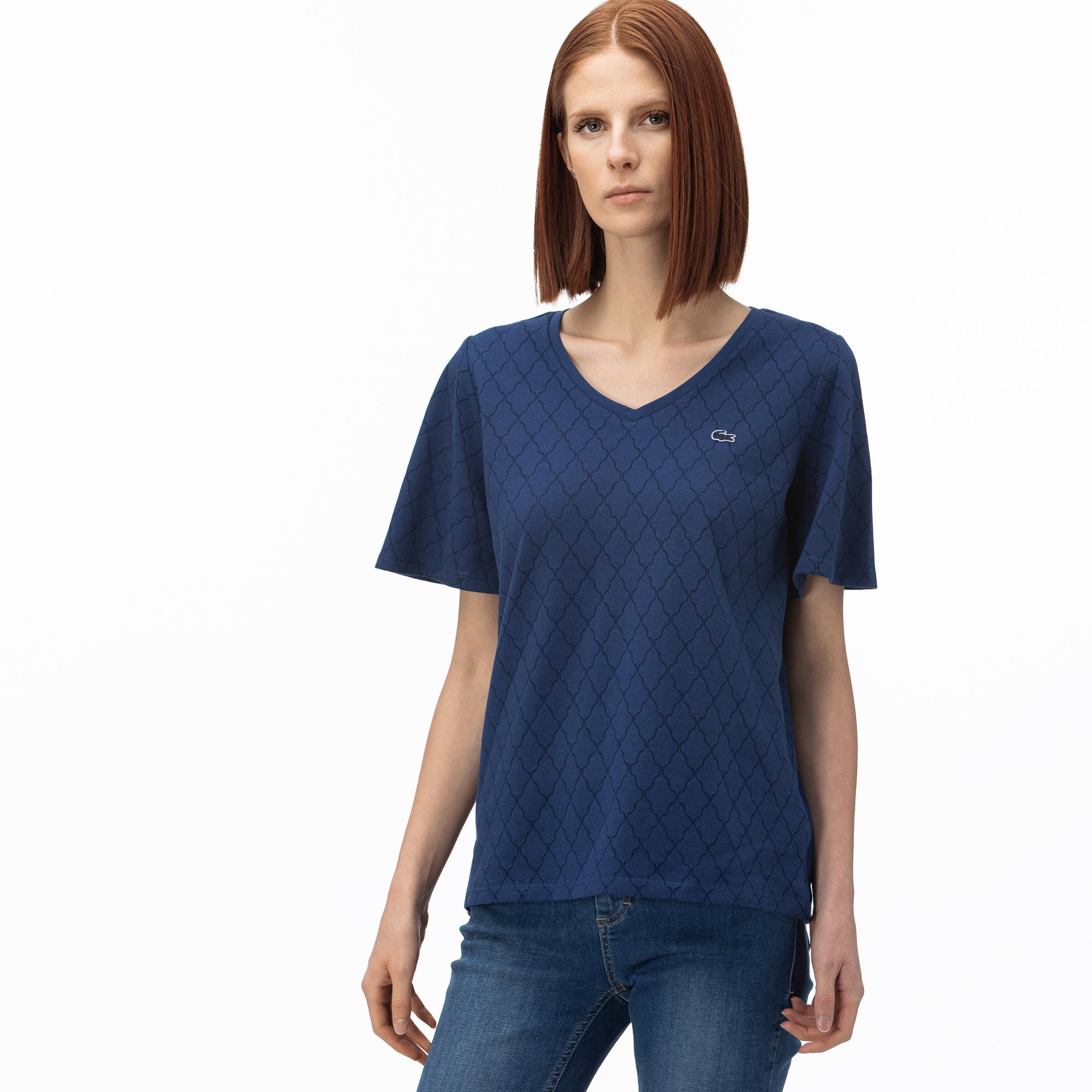 Lacoste Kadın V Yaka Desenli Saks Mavi T-Shirt. 4