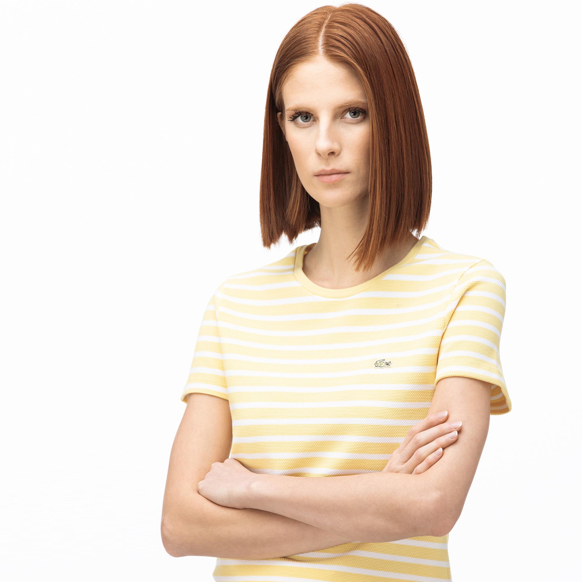 Lacoste Kadın Slim Fit Bisiklet Yaka Çizgili Sarı T-Shirt. 5