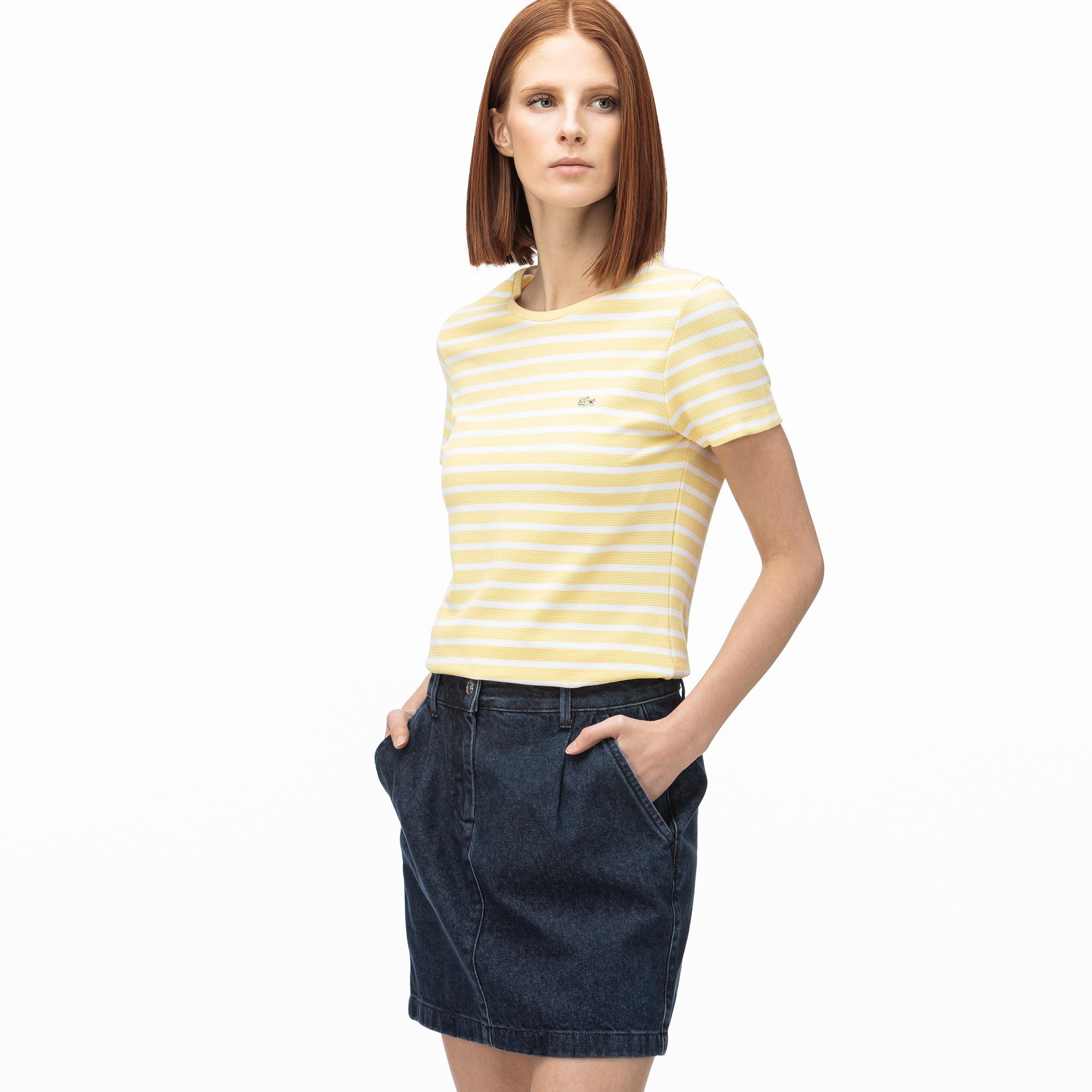 Lacoste Kadın Slim Fit Bisiklet Yaka Çizgili Sarı T-Shirt. 5