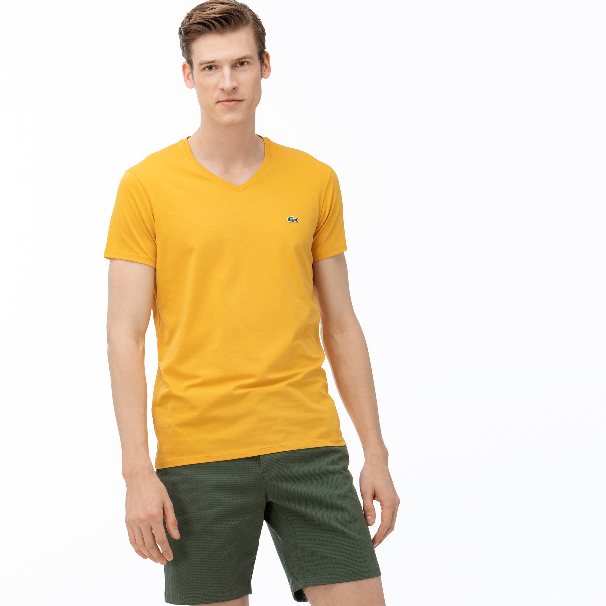 Lacoste Erkek V Yaka Sarı T-Shirt. 1