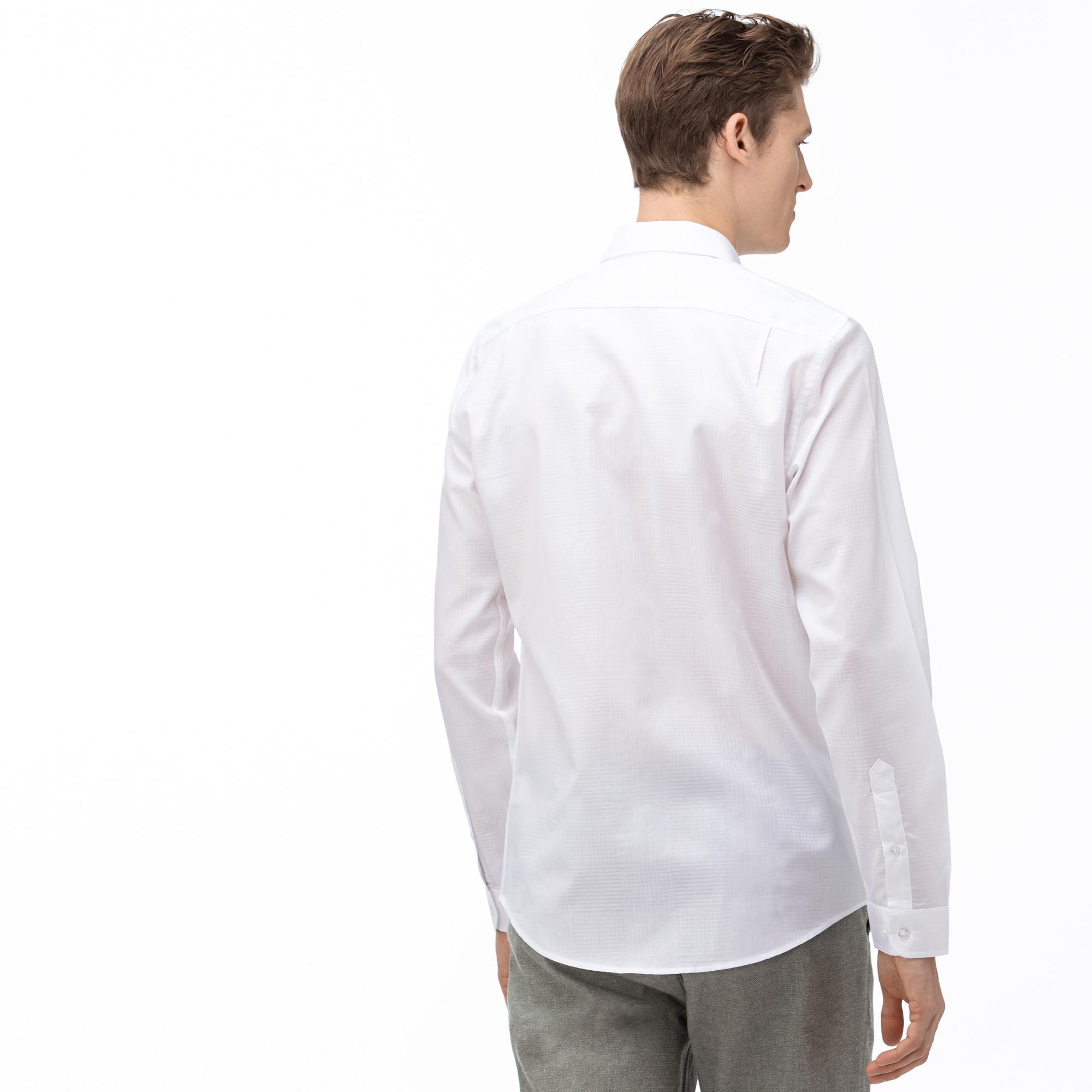 Lacoste Erkek Slim Fit Düğmeli Yaka Ekose Desenli Beyaz Gömlek. 3