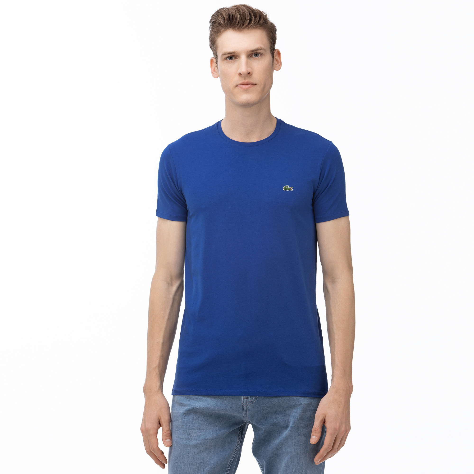 Lacoste Erkek Slim Fit Bisiklet Yaka Saks Mavi T-Shirt. 1