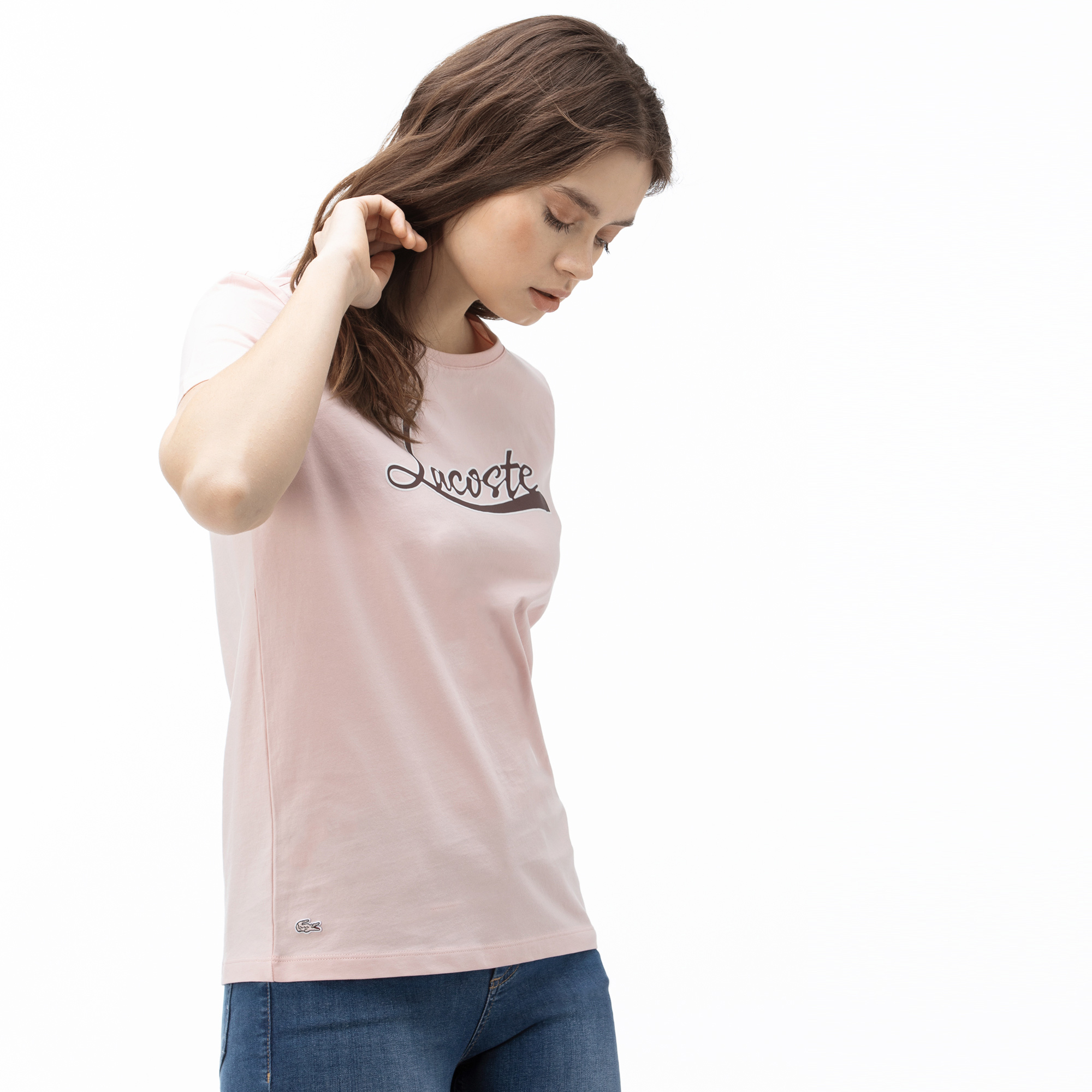 Lacoste Kadın Kayık Yaka Baskılı Açık Pembe T-Shirt. 1