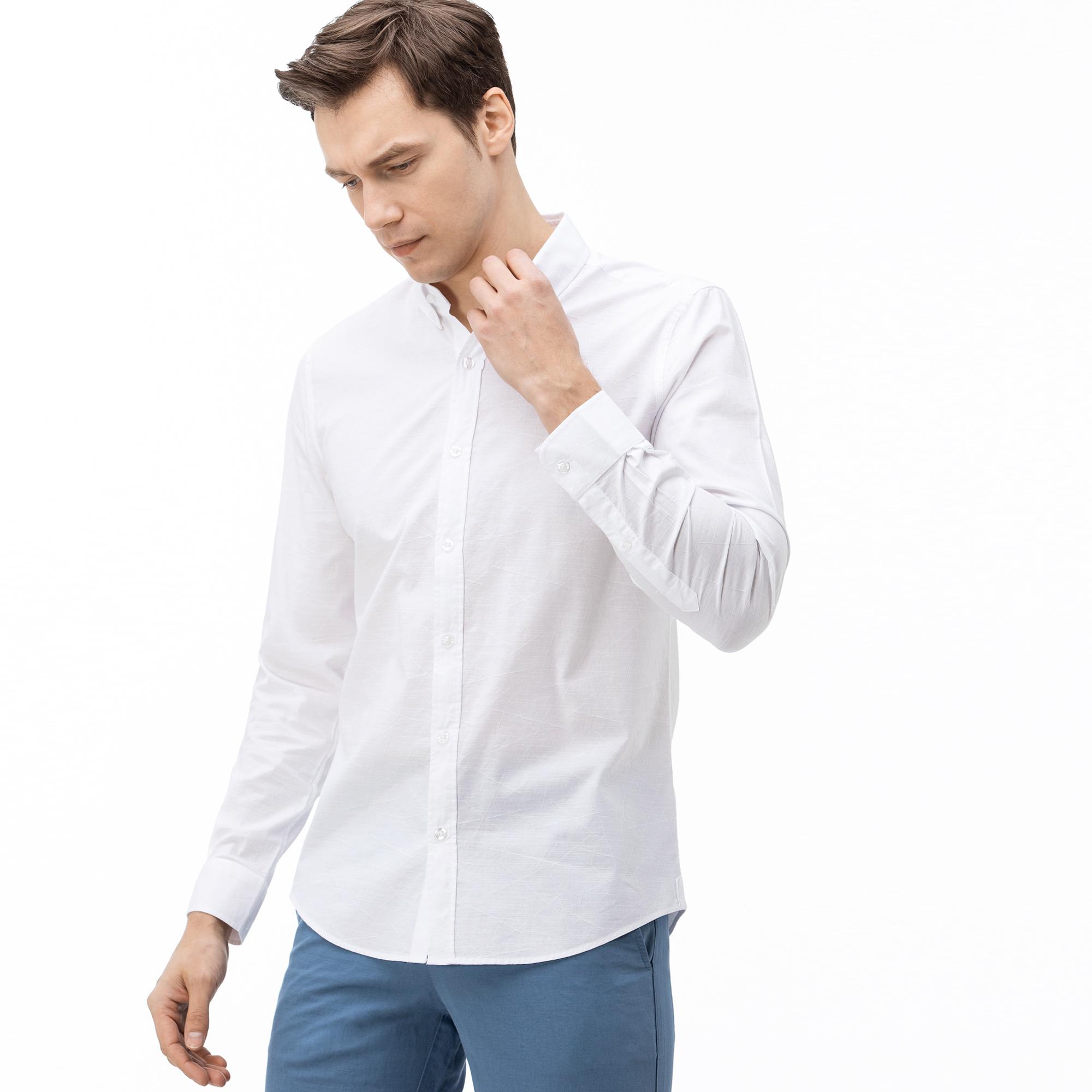 Lacoste Erkek Slim Fit Düğmeli Yaka Desenli Beyaz Gömlek. 4