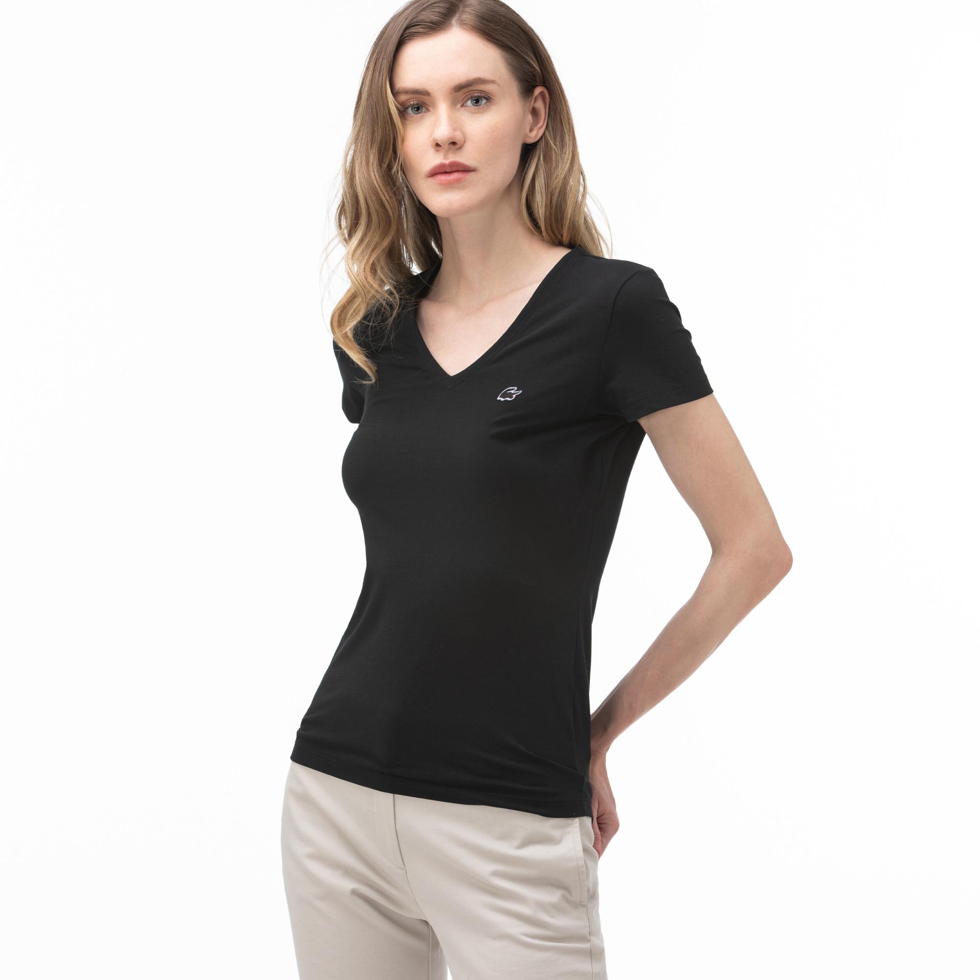 Lacoste Kadın Slim Fit V Yaka Siyah T-Shirt. 4