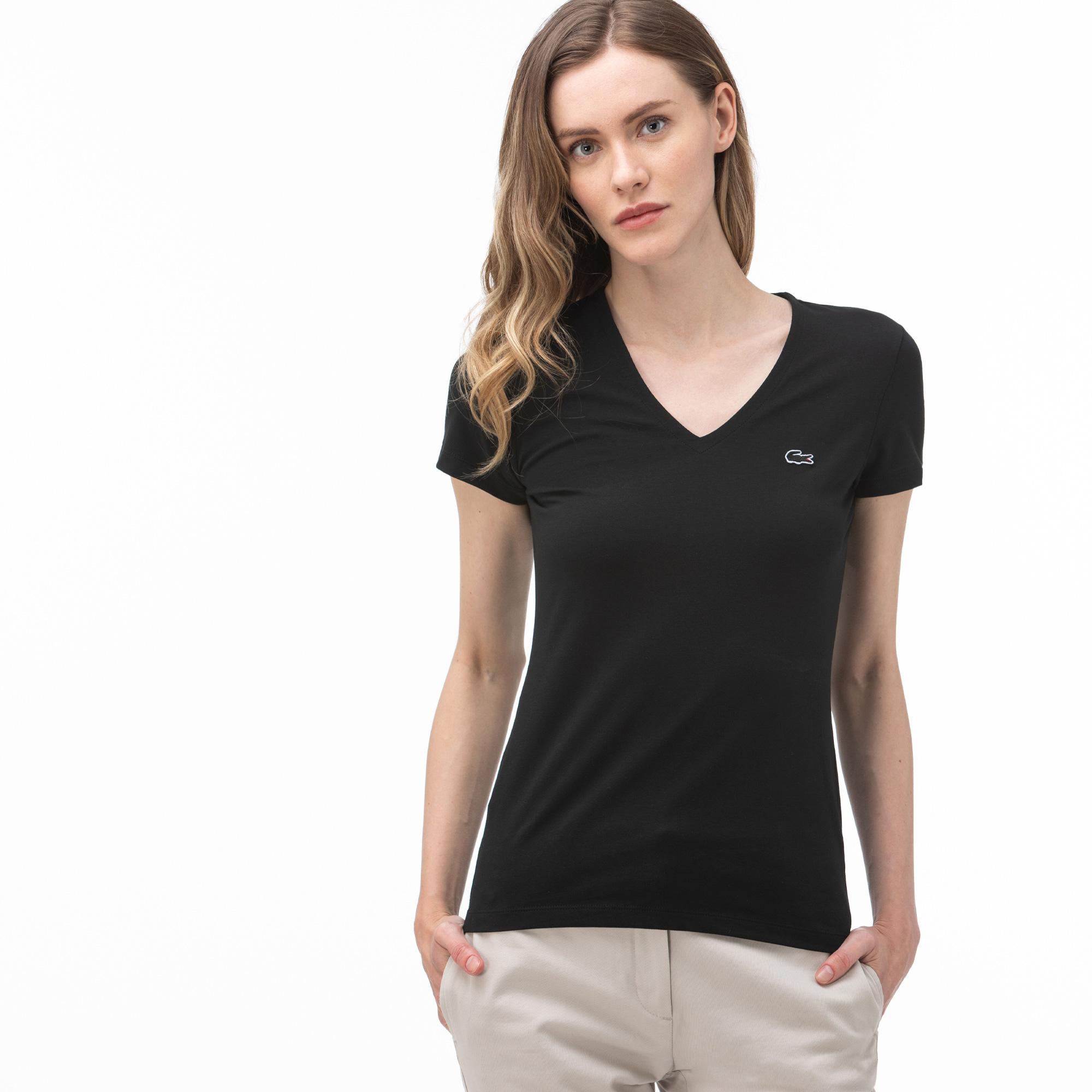 Lacoste Kadın Slim Fit V Yaka Siyah T-Shirt. 2