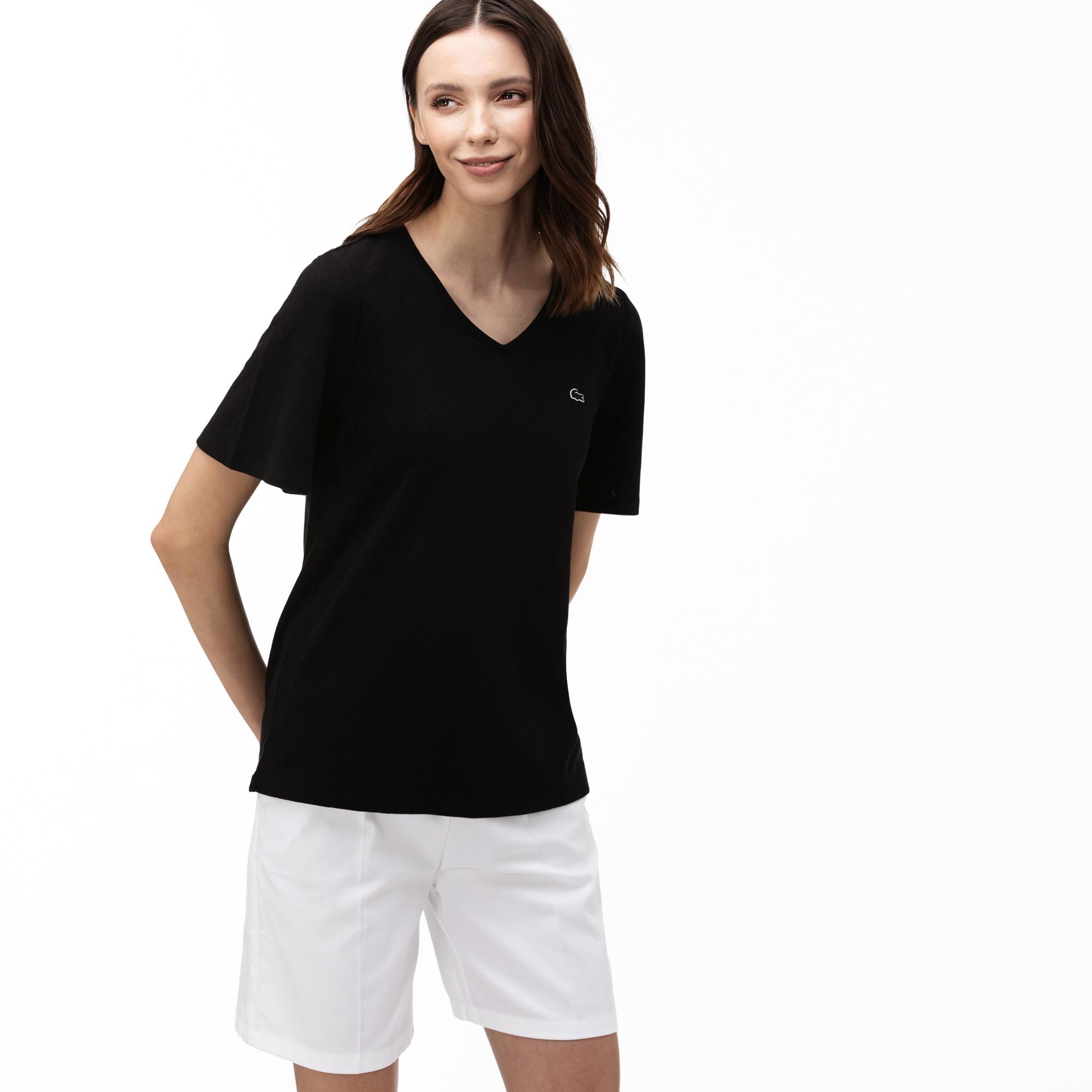 Lacoste Kadın V Yaka Desenli Siyah T-Shirt. 5