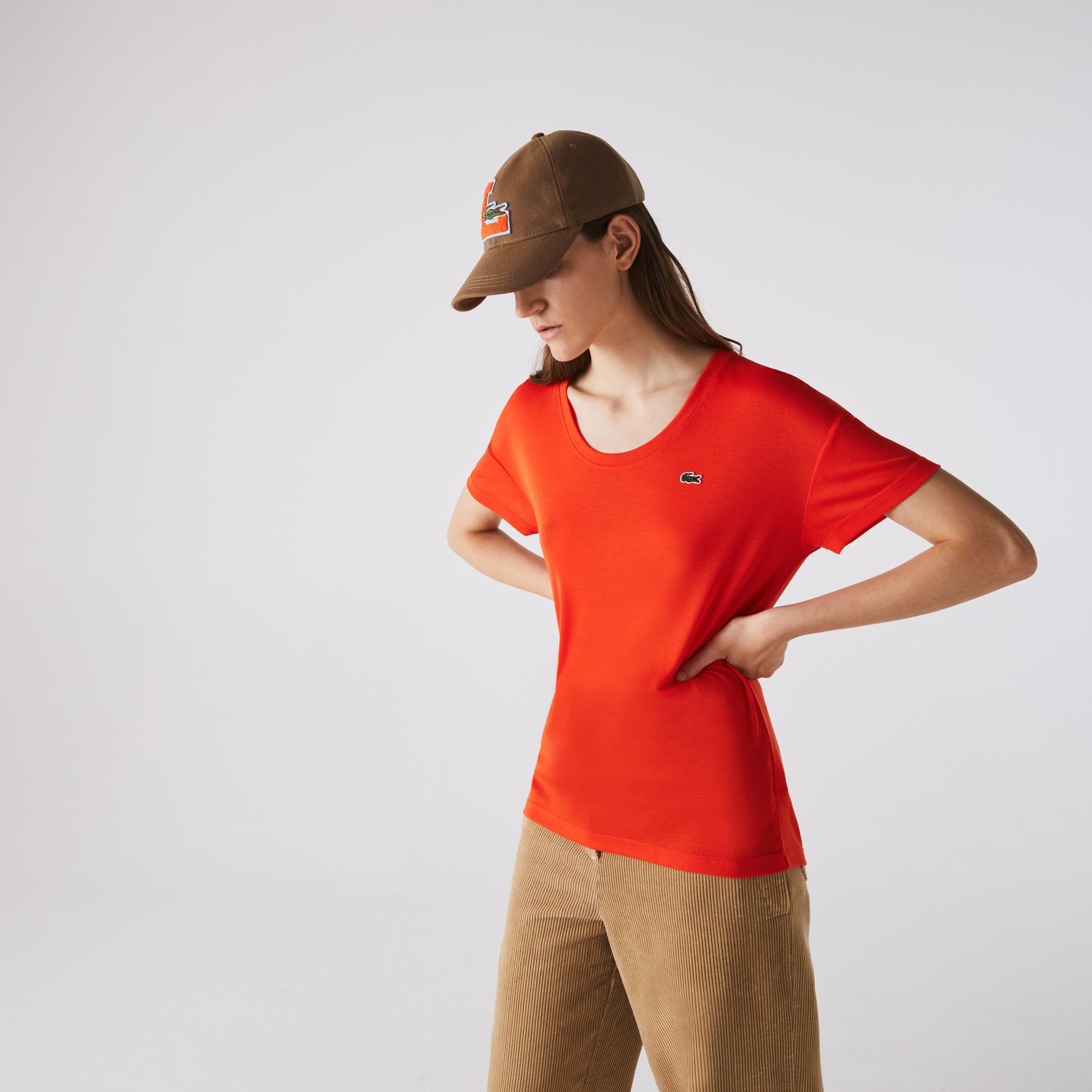 Lacoste Kadın Çizgili Kayık Yaka Kısa Kollu Turuncu T-Shirt. 5