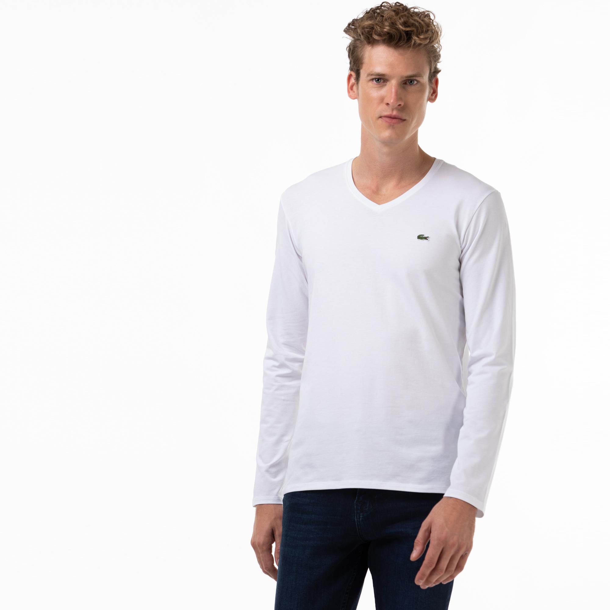 Lacoste Erkek Regular Fit Uzun Kollu V Yaka Beyaz T-Shirt. 2