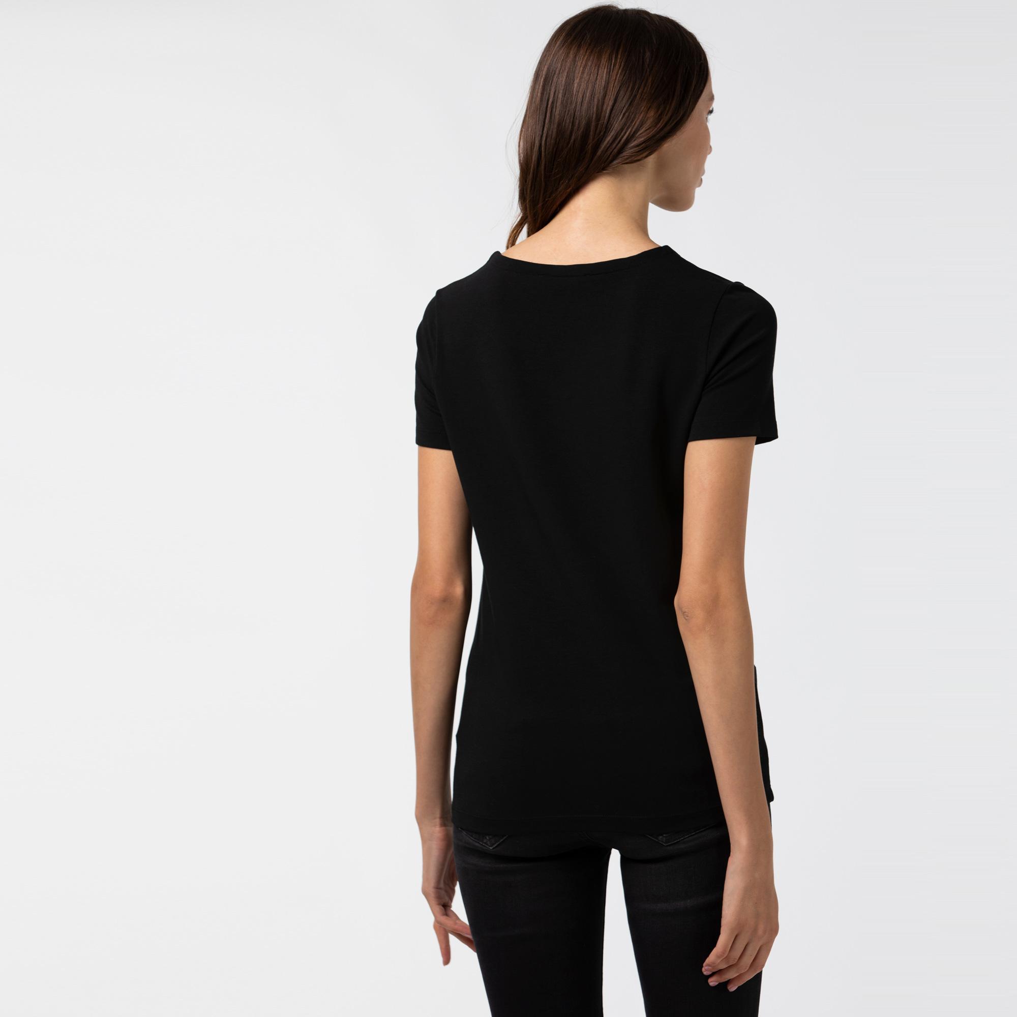 Lacoste Kadın Slim Fit Bisiklet Yaka Siyah T-Shirt. 3