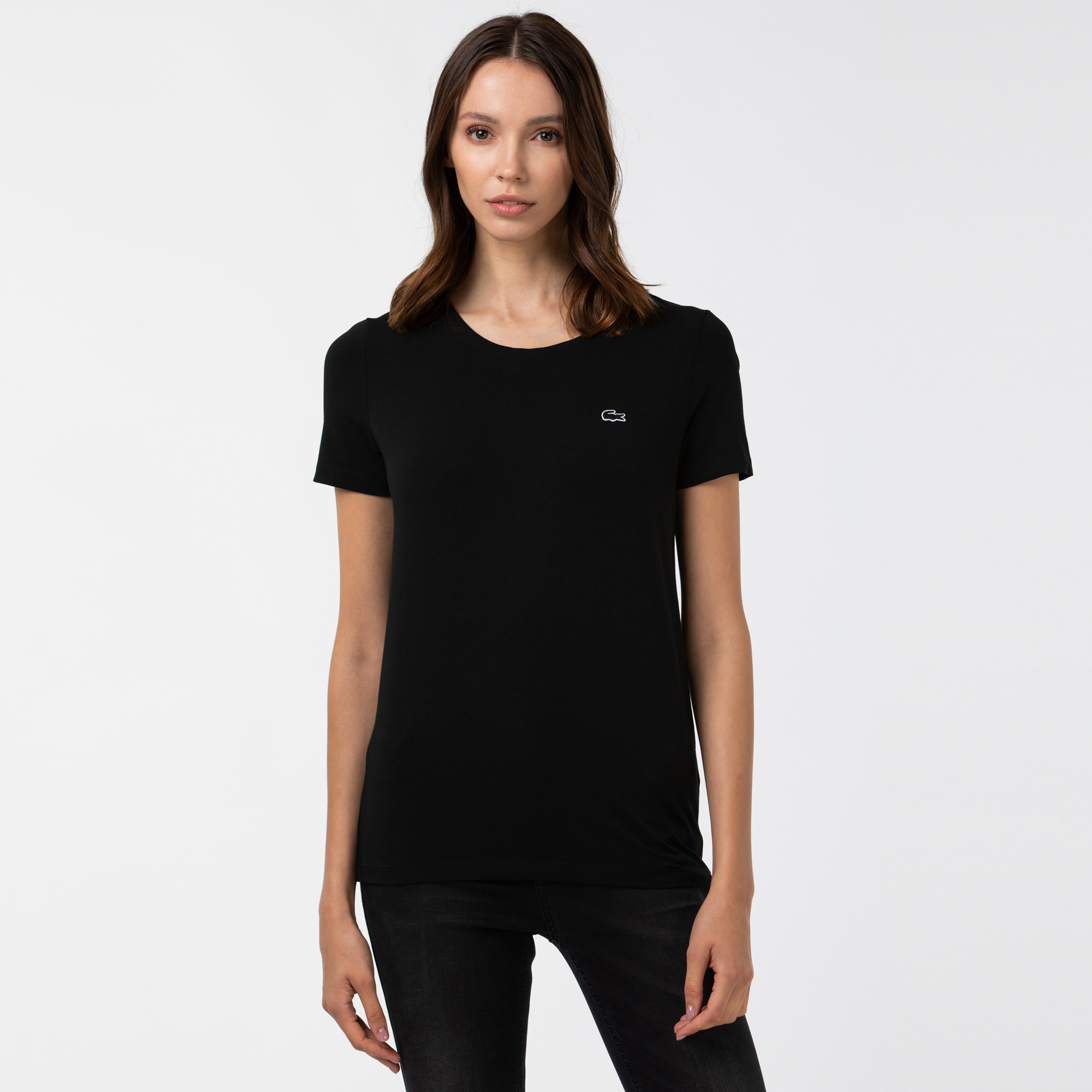 Lacoste Kadın Slim Fit Bisiklet Yaka Siyah T-Shirt. 1