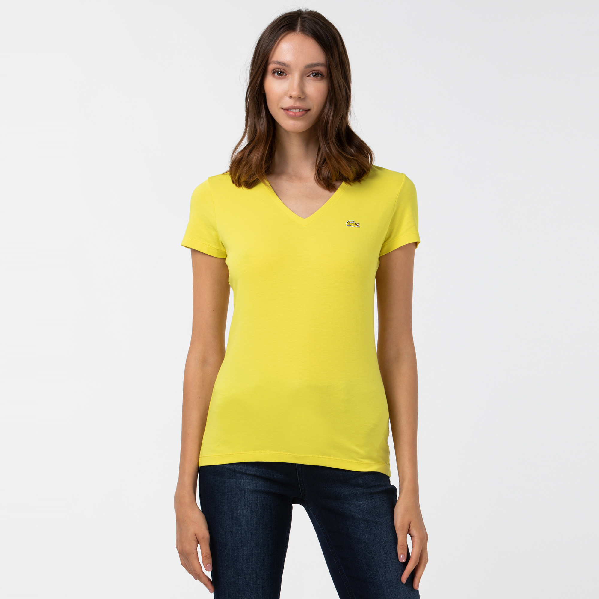 Lacoste Kadın V Yaka Sarı T-Shirt. 1