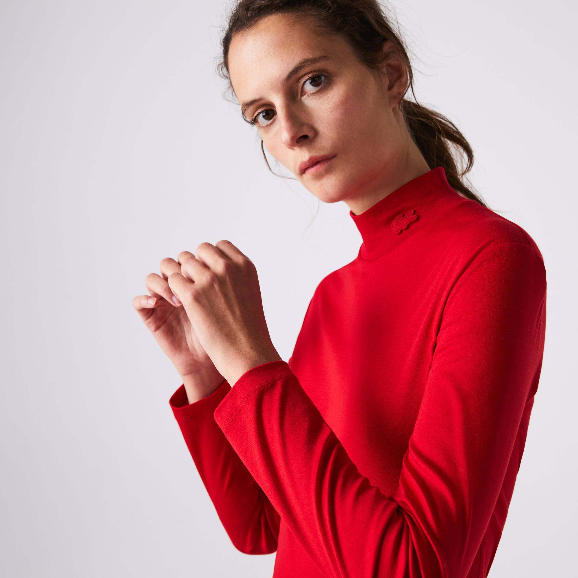 Lacoste Kadın Boğazlı Yaka Uzun Kollu Kırmızı T-Shirt. 1