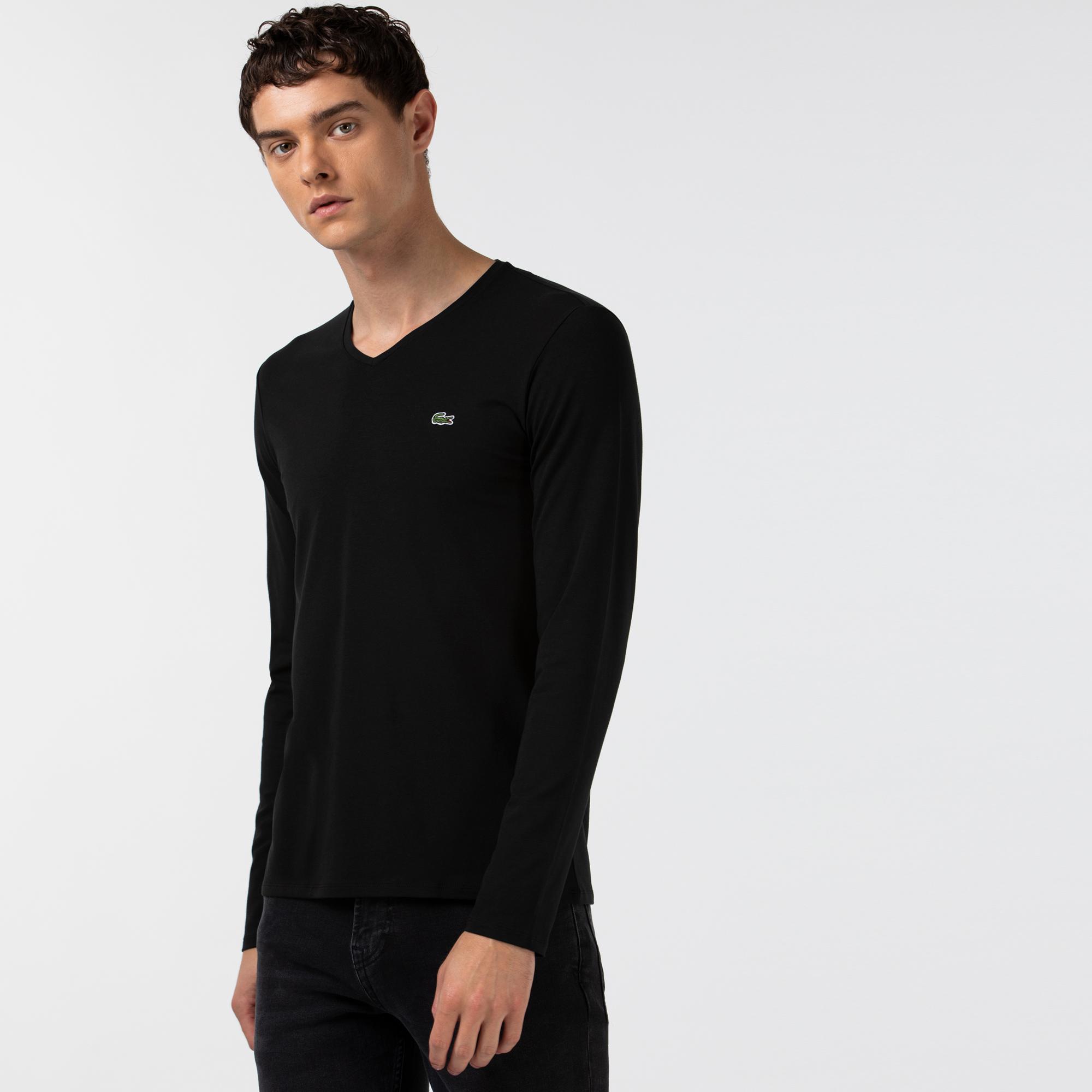Lacoste Erkek Regular Fit Uzun Kollu V Yaka Siyah T-Shirt. 4