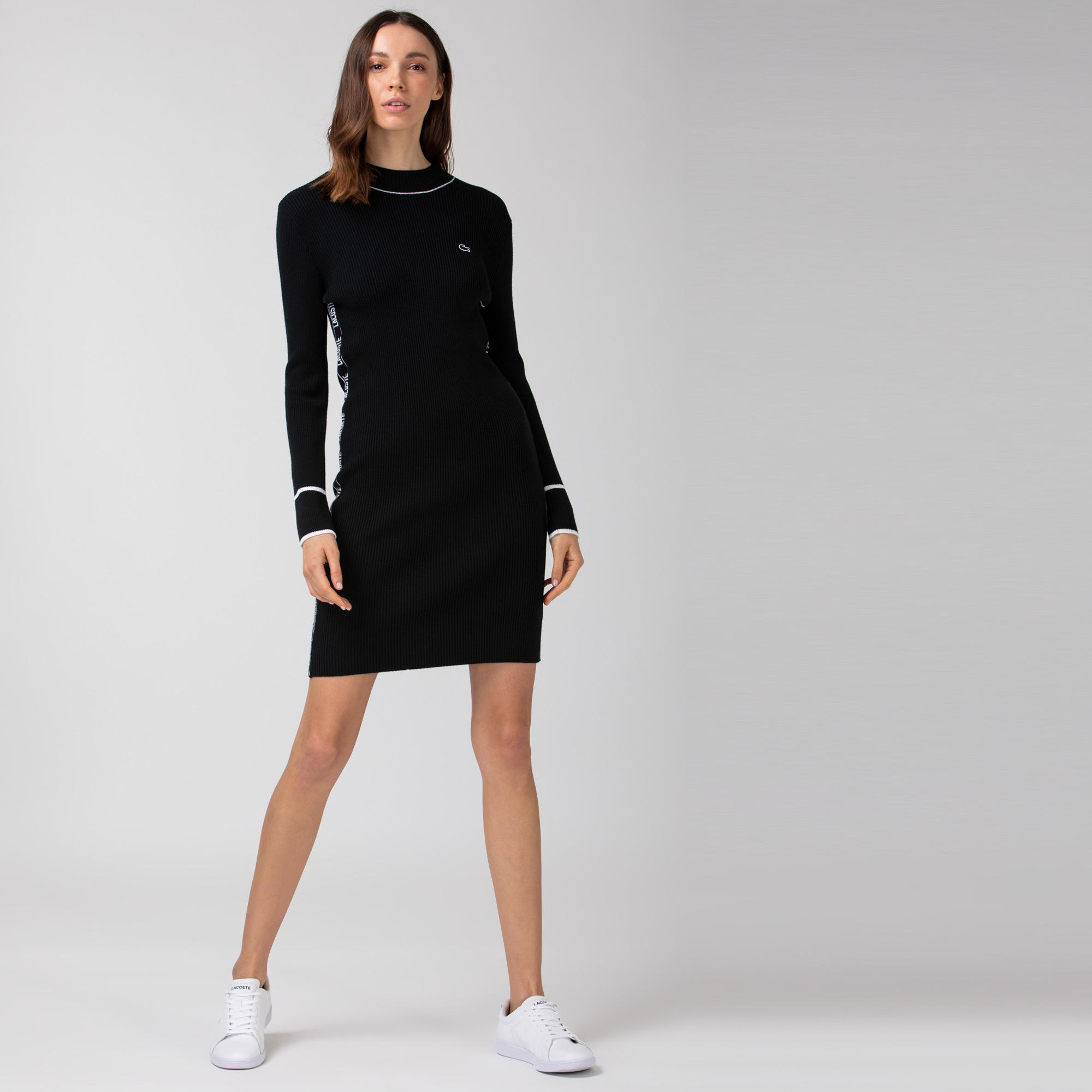Lacoste Kadın Slim Fit Baskılı Uzun Kollu Dik Yaka Siyah Elbise. 5