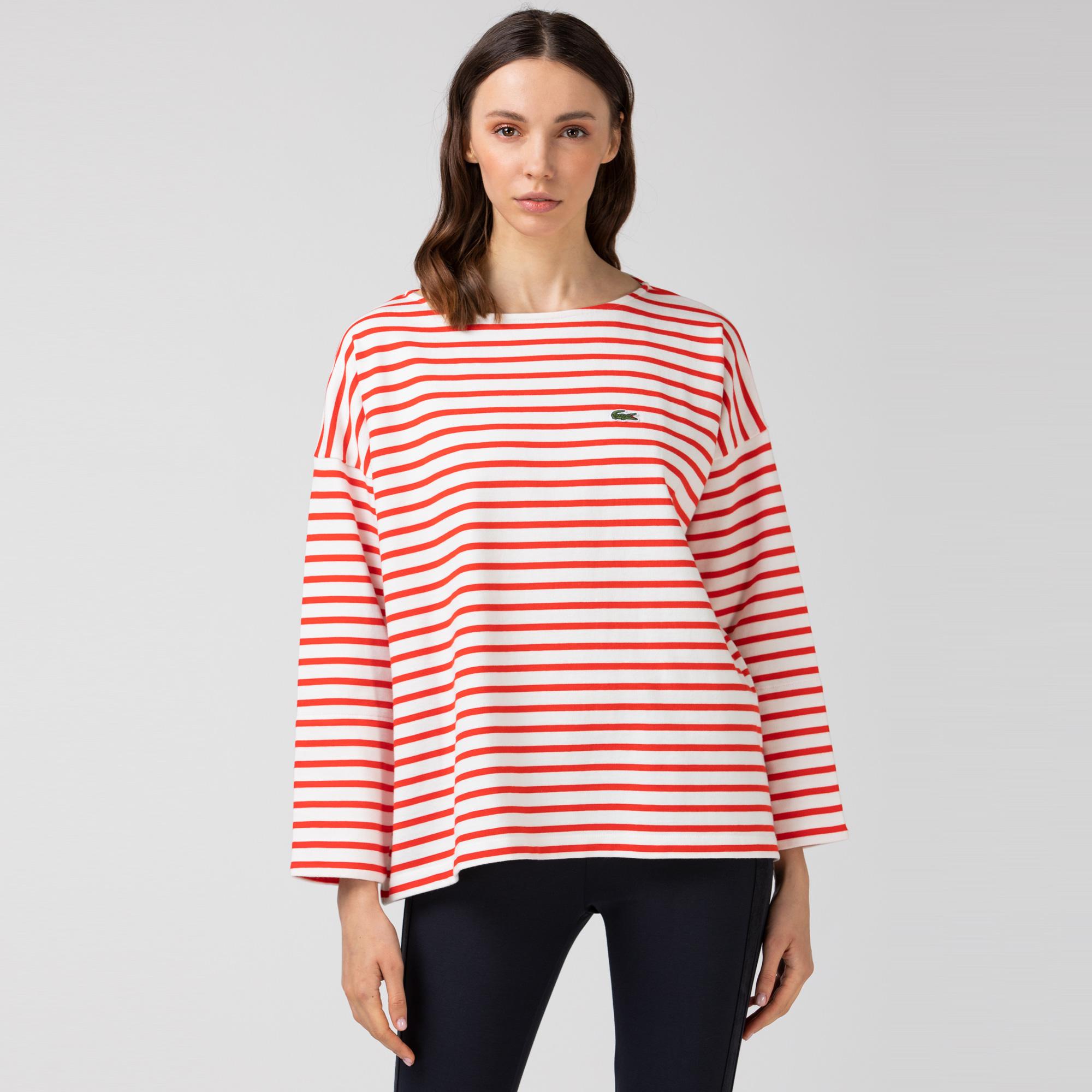 Lacoste Kadın Kayık Yaka Çizgili Uzun Kollu Kırmızı - Beyaz T-Shirt. 2