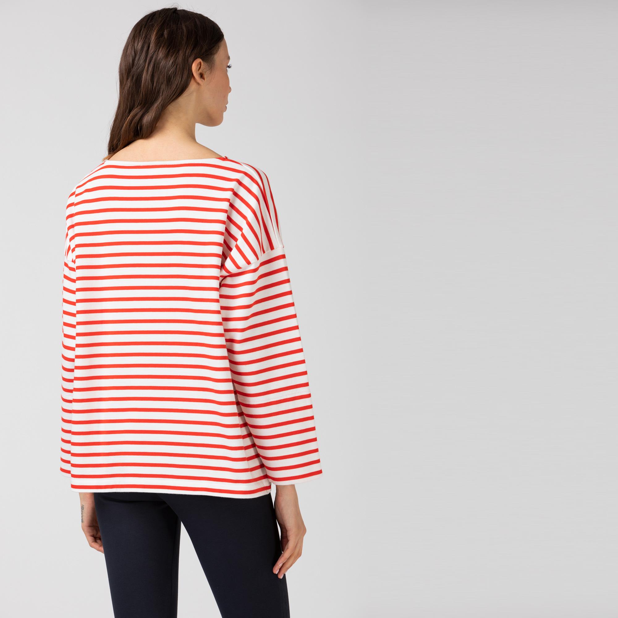 Lacoste Kadın Kayık Yaka Çizgili Uzun Kollu Kırmızı - Beyaz T-Shirt. 3