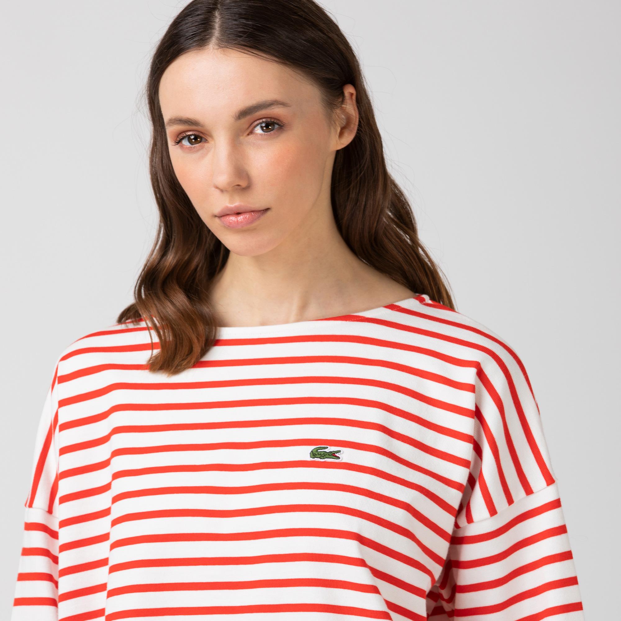 Lacoste Kadın Kayık Yaka Çizgili Uzun Kollu Kırmızı - Beyaz T-Shirt. 4