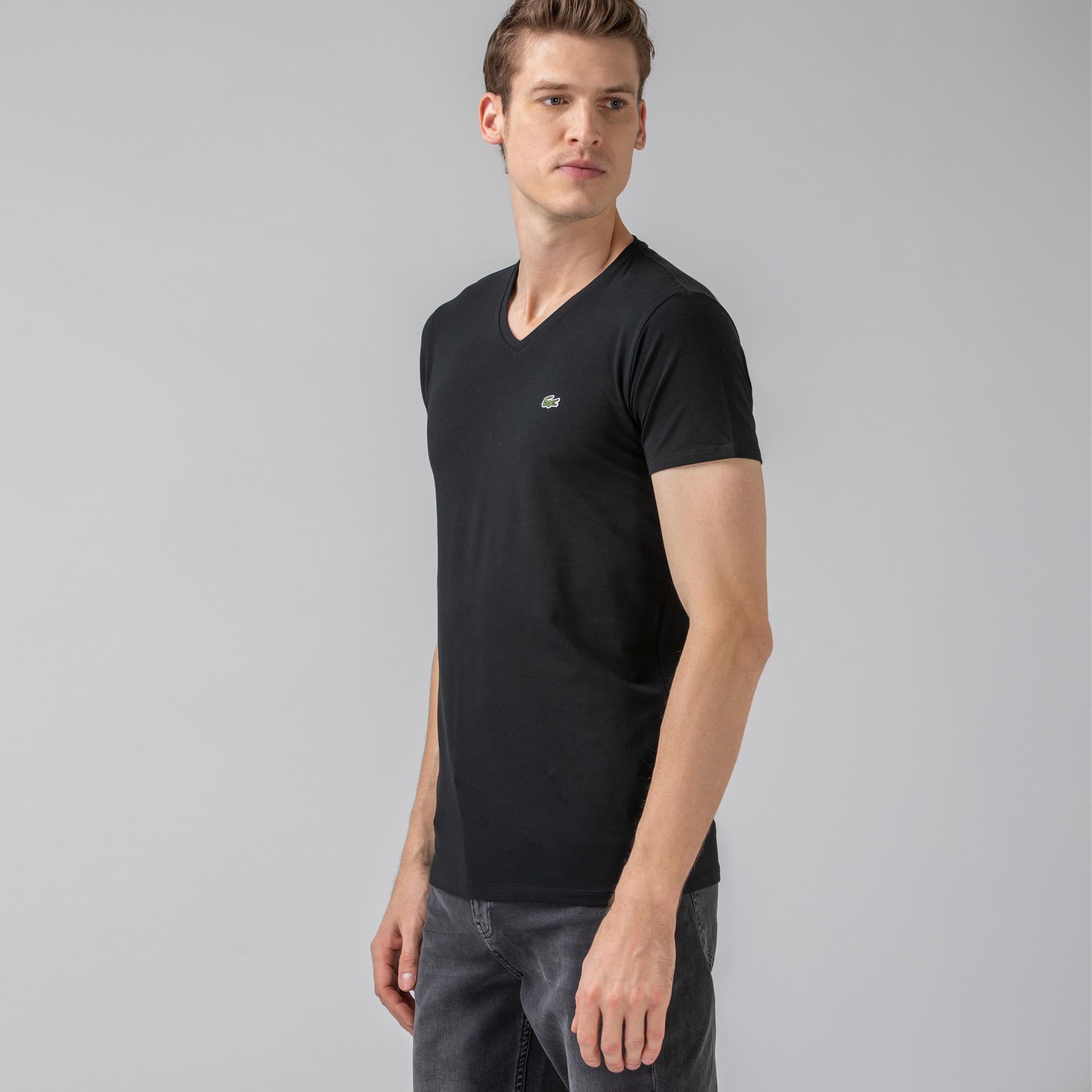 Lacoste Erkek Slim Fit V Yaka Siyah T-Shirt. 5