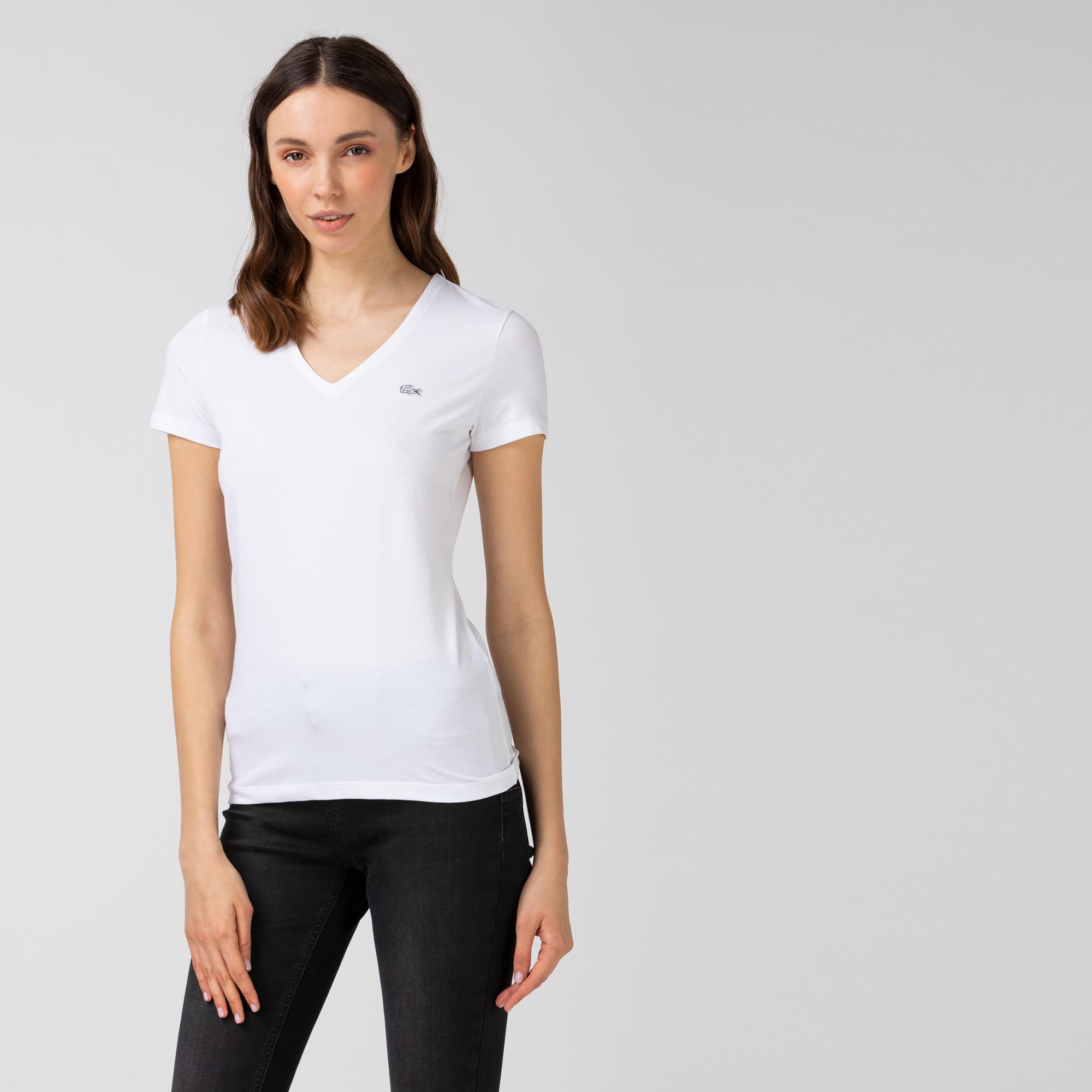 Lacoste Kadın Slim Fit V Yaka Beyaz T-Shirt. 4