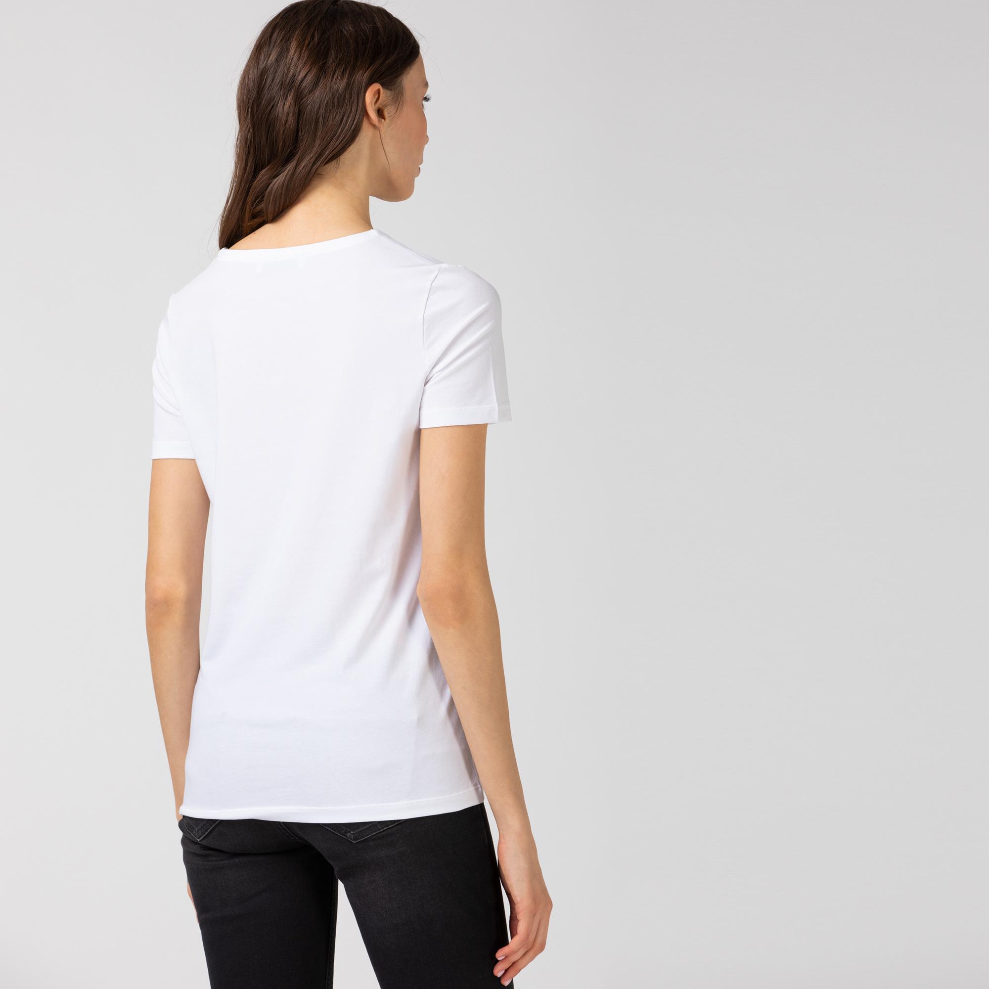 Lacoste Kadın Slim Fit Bisiklet Yaka Beyaz T-Shirt. 3