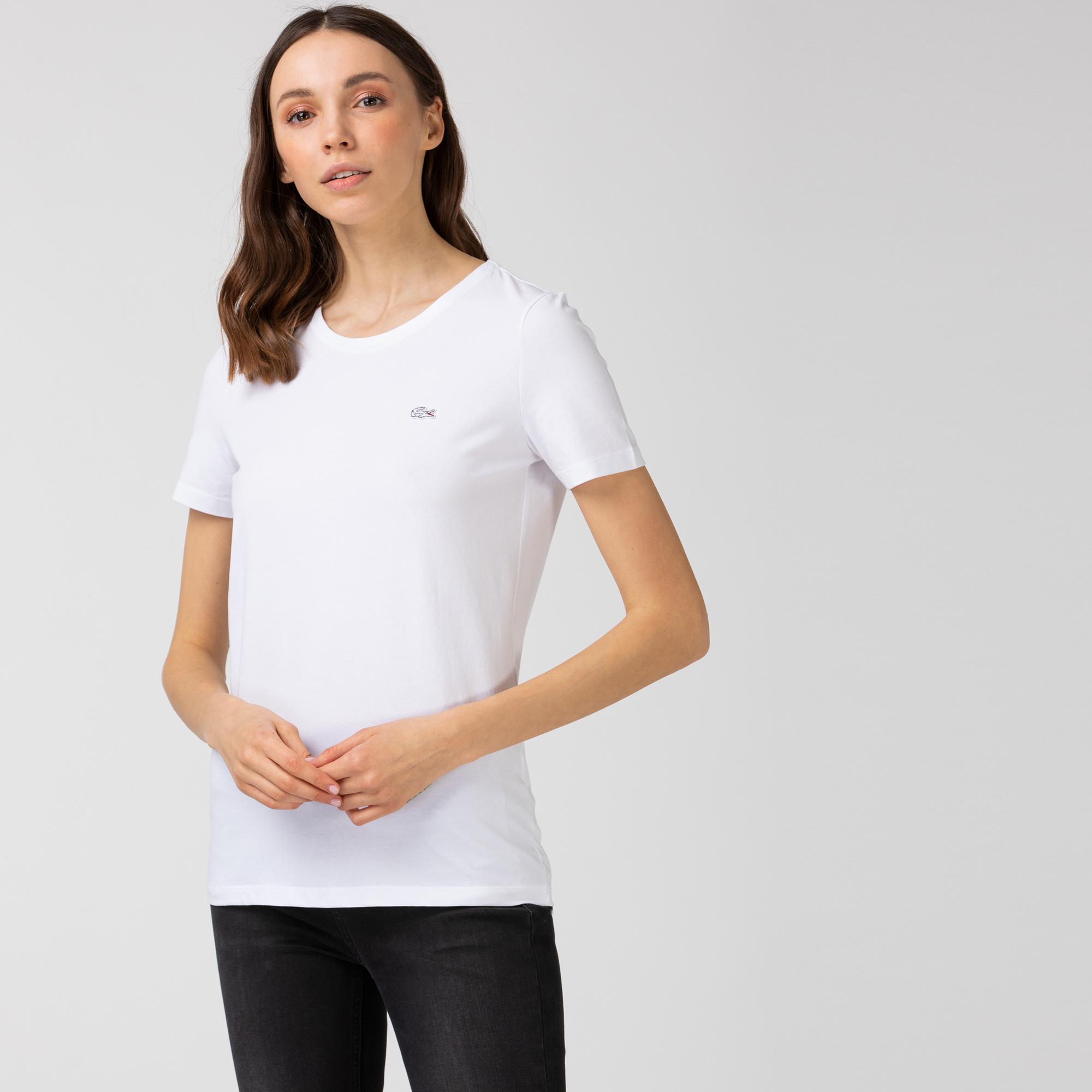 Lacoste Kadın Slim Fit Bisiklet Yaka Beyaz T-Shirt. 4