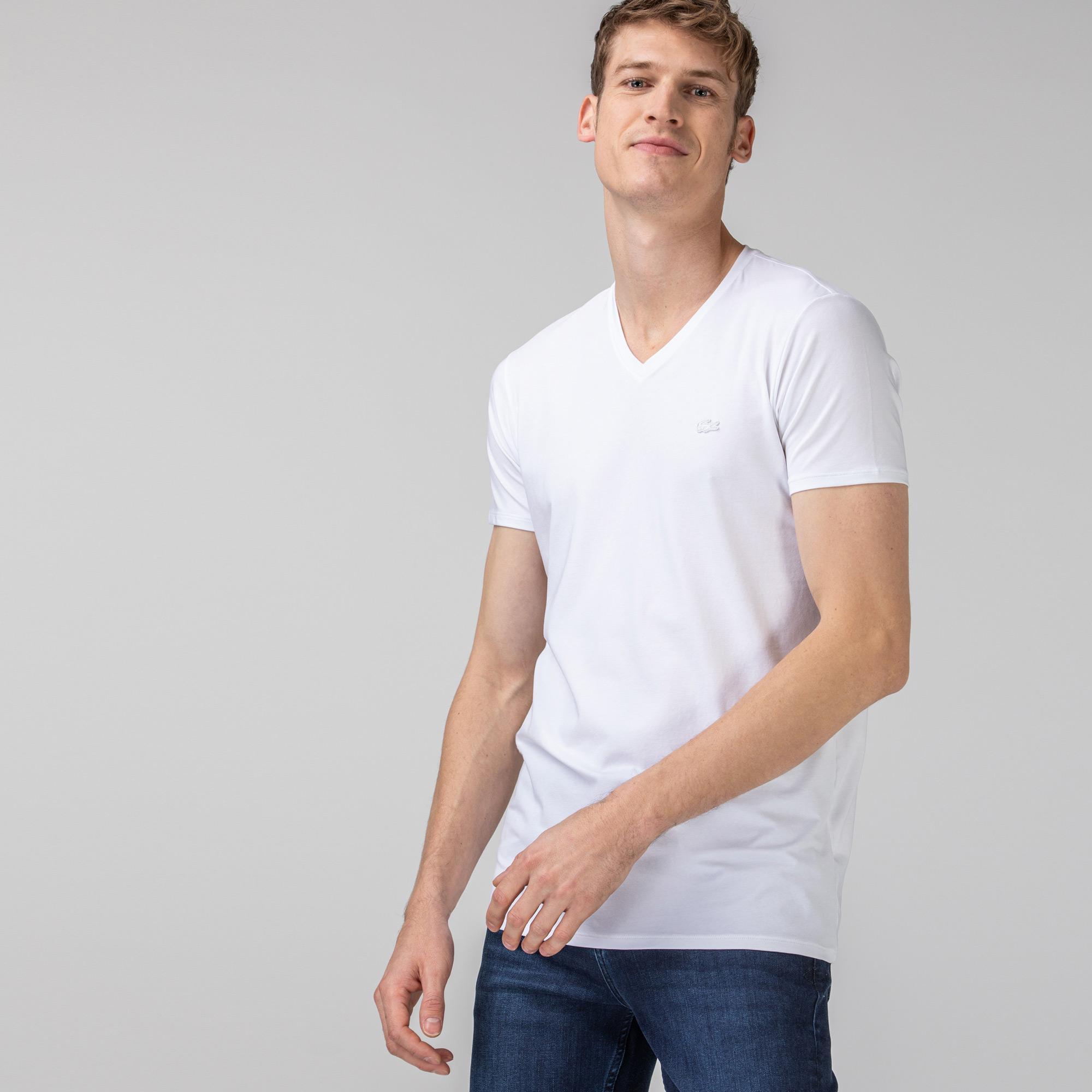 Lacoste Erkek Slim Fit V Yaka Beyaz T-Shirt. 5