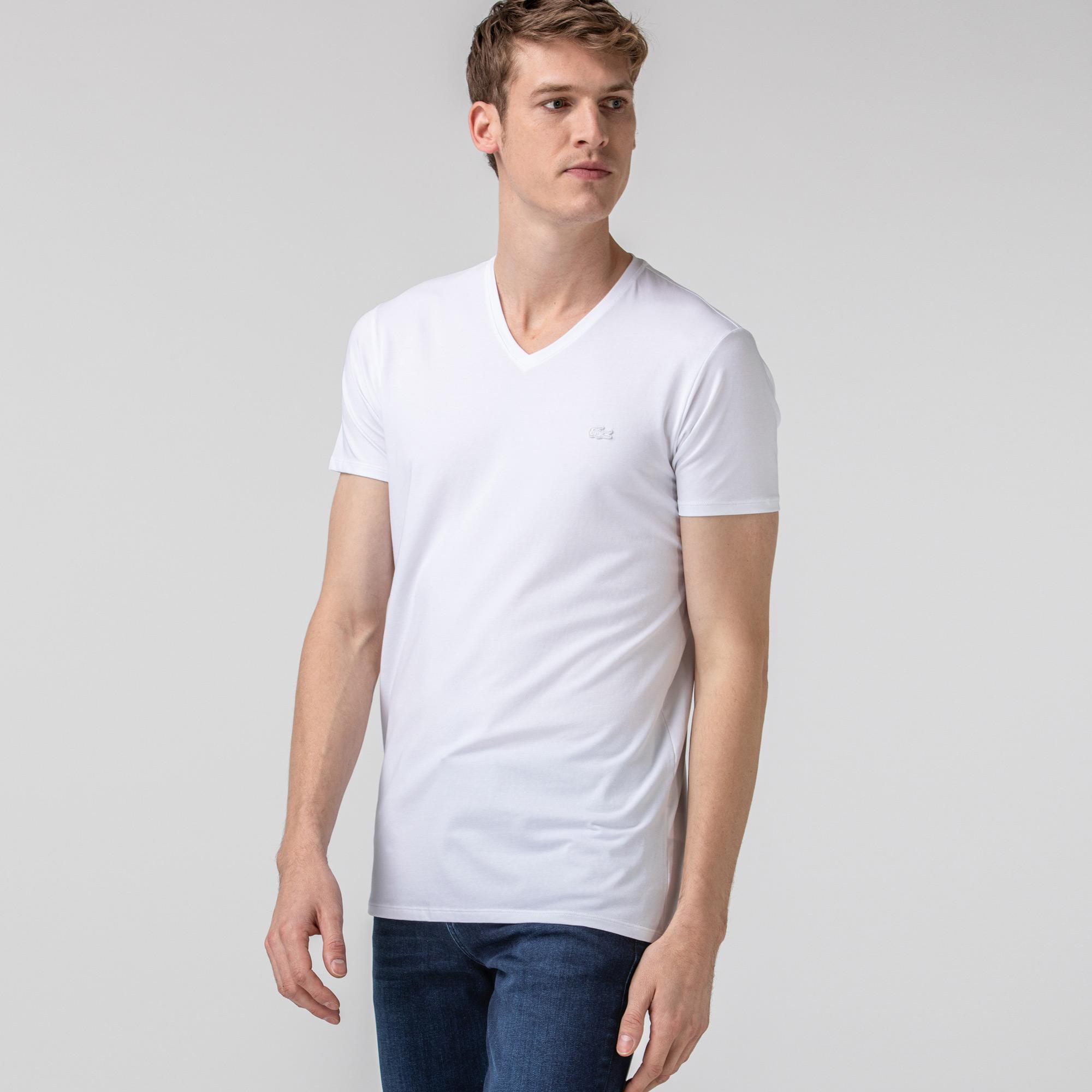 Lacoste Erkek Slim Fit V Yaka Beyaz T-Shirt. 4