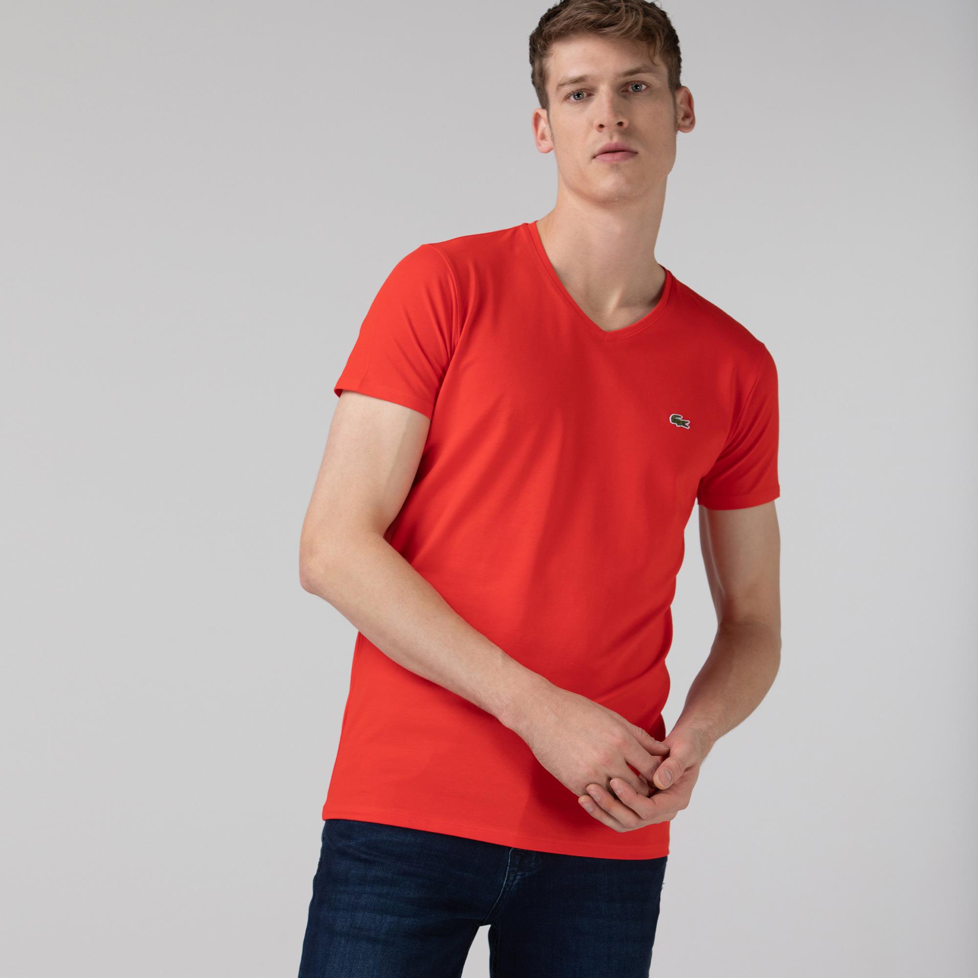 Lacoste Erkek Slim Fit V Yaka Kırmızı T-Shirt. 3