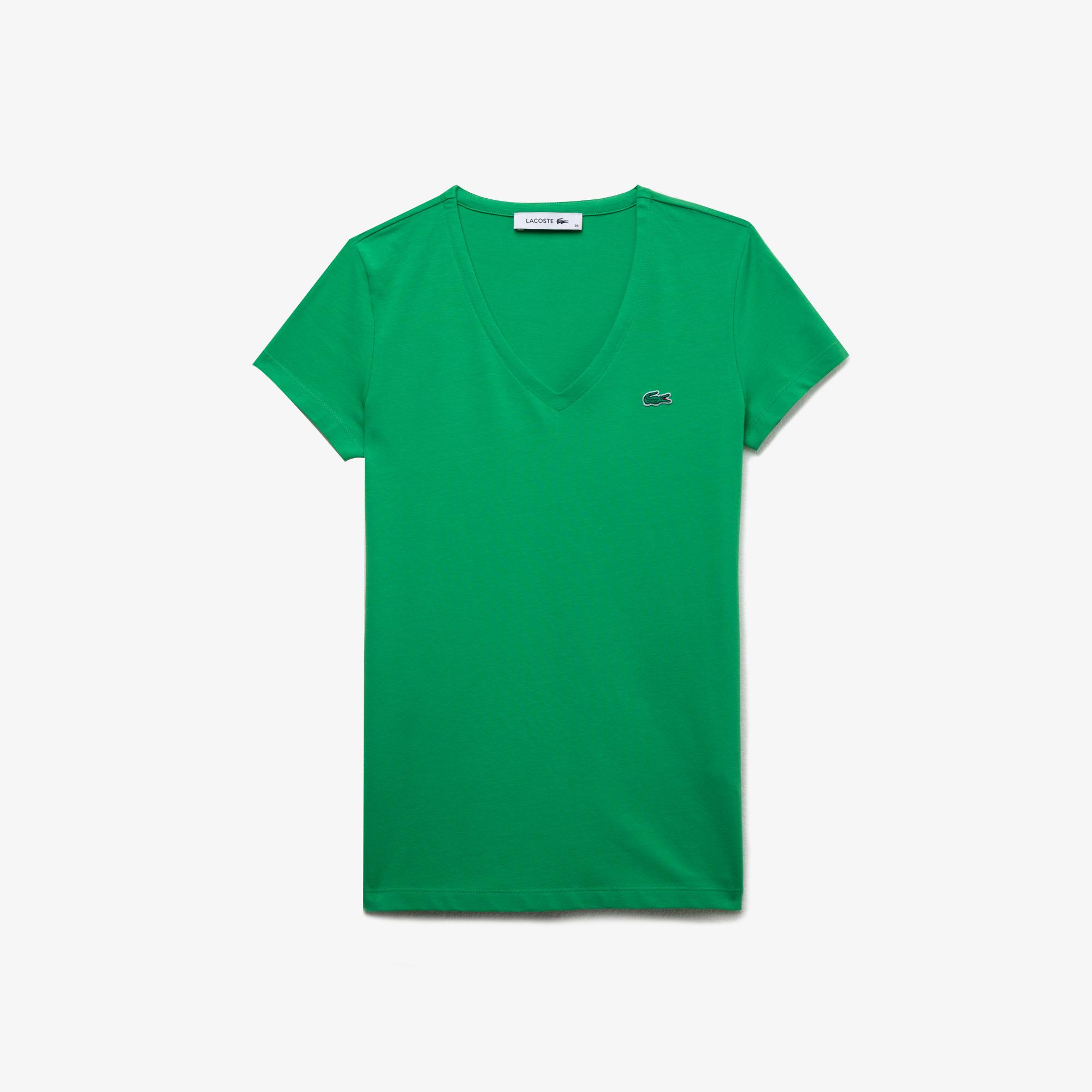 Lacoste Kadın Slim Fit V Yaka Yeşil T-Shirt. 6