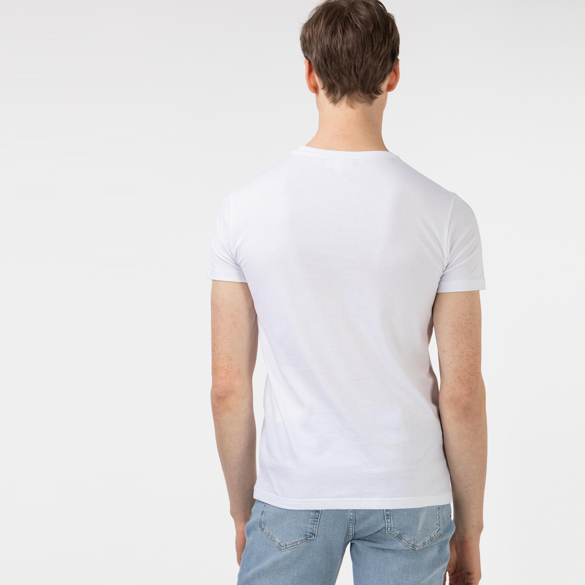 Lacoste Erkek Slim Fit Bisiklet Yaka Baskılı Beyaz T-Shirt. 3