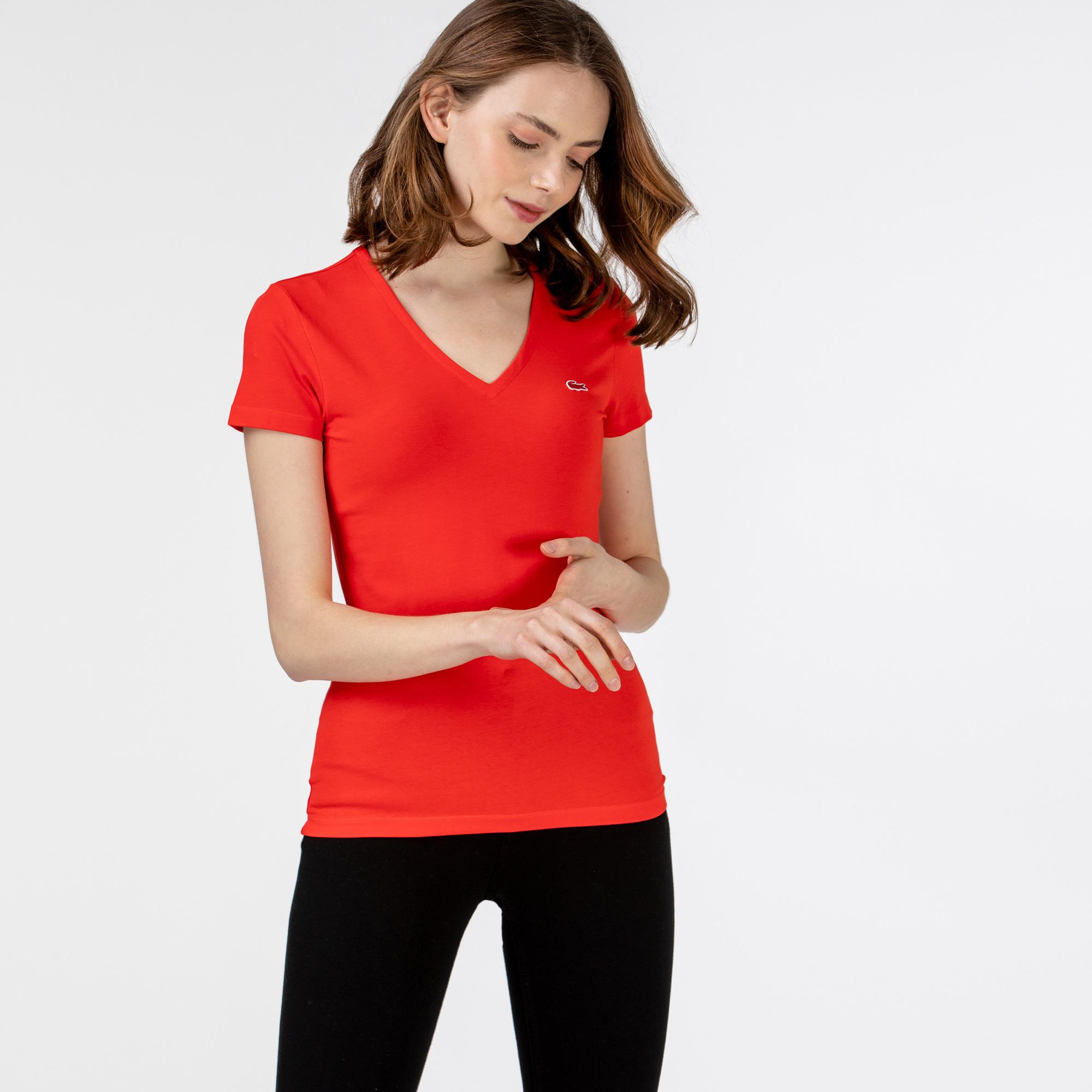 Lacoste Kadın Slim Fit V Yaka Kırmızı T-Shirt. 5